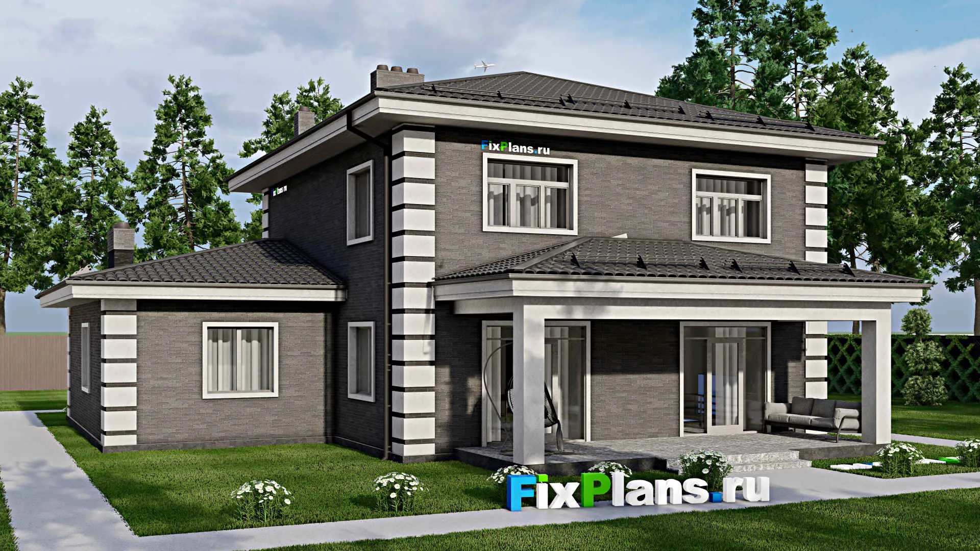 F-3887 - Проект двухэтажного дома 14 на 17, площадью 240 м² с террасой, гаражом на 1 машину и 4 спальнями