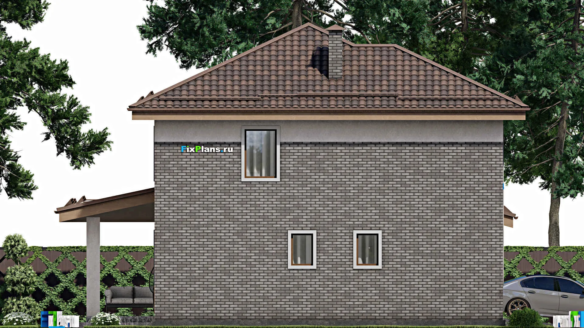 F-12095 - Проект двухэтажного дома 13 на 15, площадью 200 м² с террасой, гаражом на 1 машину и 3 спальнями