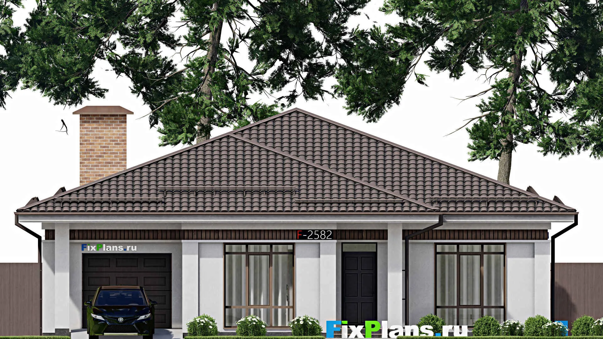 F-2582 - Проект одноэтажного дома 14 на 18, площадью 310 м² с террасой, балконом, гаражом на 1 машину и 11 спальнями