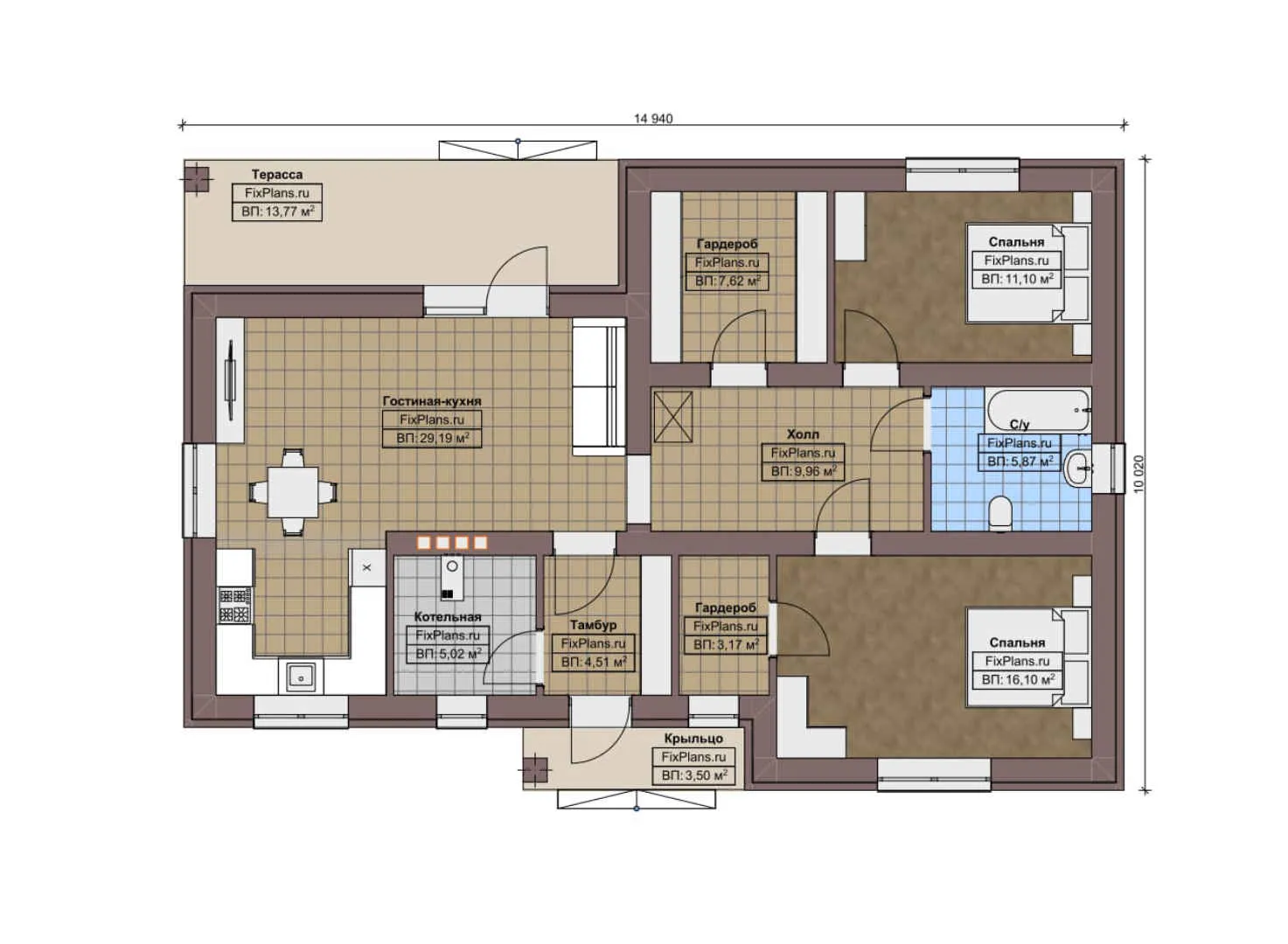 F-7766 - План одноэтажного дома 11 на 15, площадью 110 м² с террасой и 2 спальнями