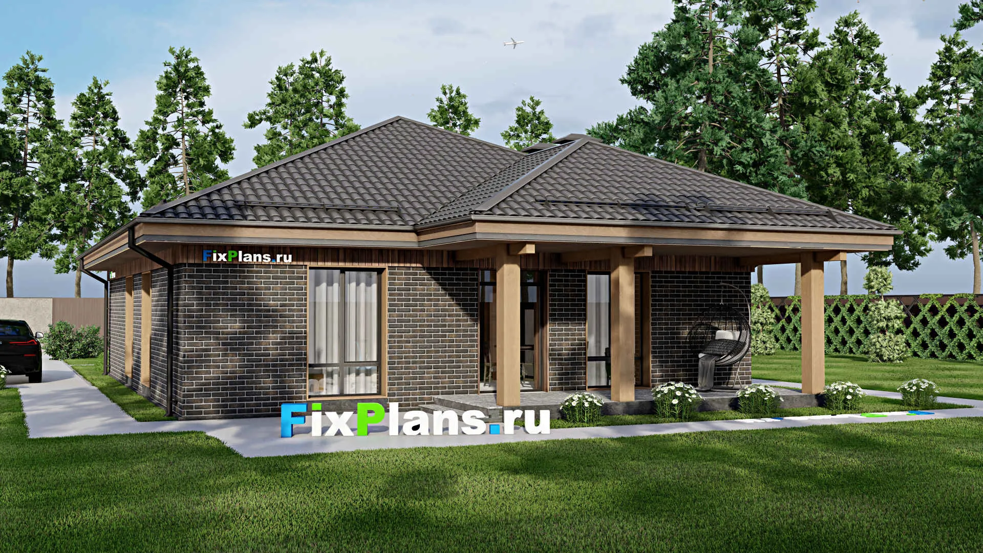 F-5390 - Проект одноэтажного дома 12 на 14, площадью 150 м² с террасой и 3 спальнями