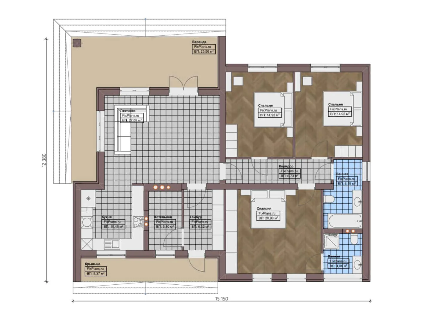 F-0044 - План одноэтажного дома 13 на 16, площадью 230 м² с террасой и 7 спальнями