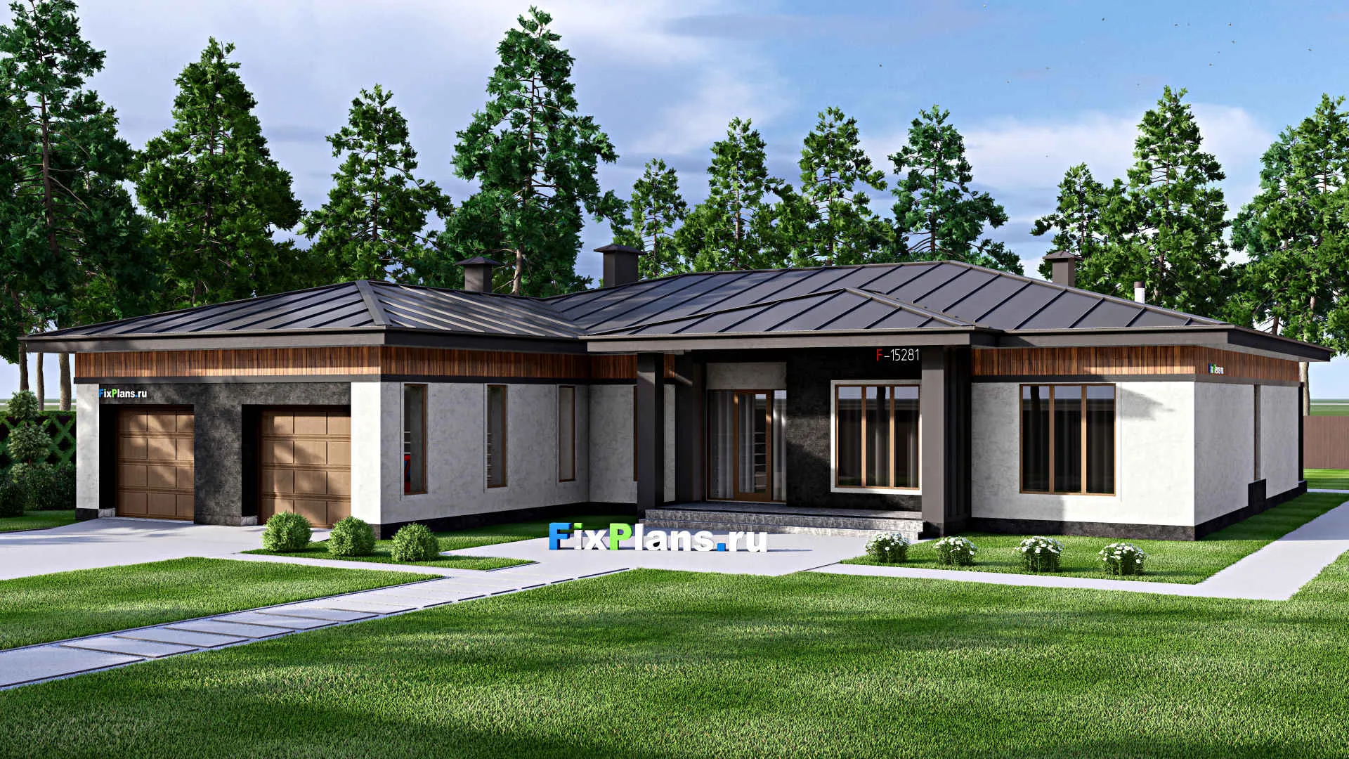 F-15281 - Проект одноэтажного дома 23 на 25, площадью 410 м² с террасой, баней, гаражом на 2 машины и 3 спальнями