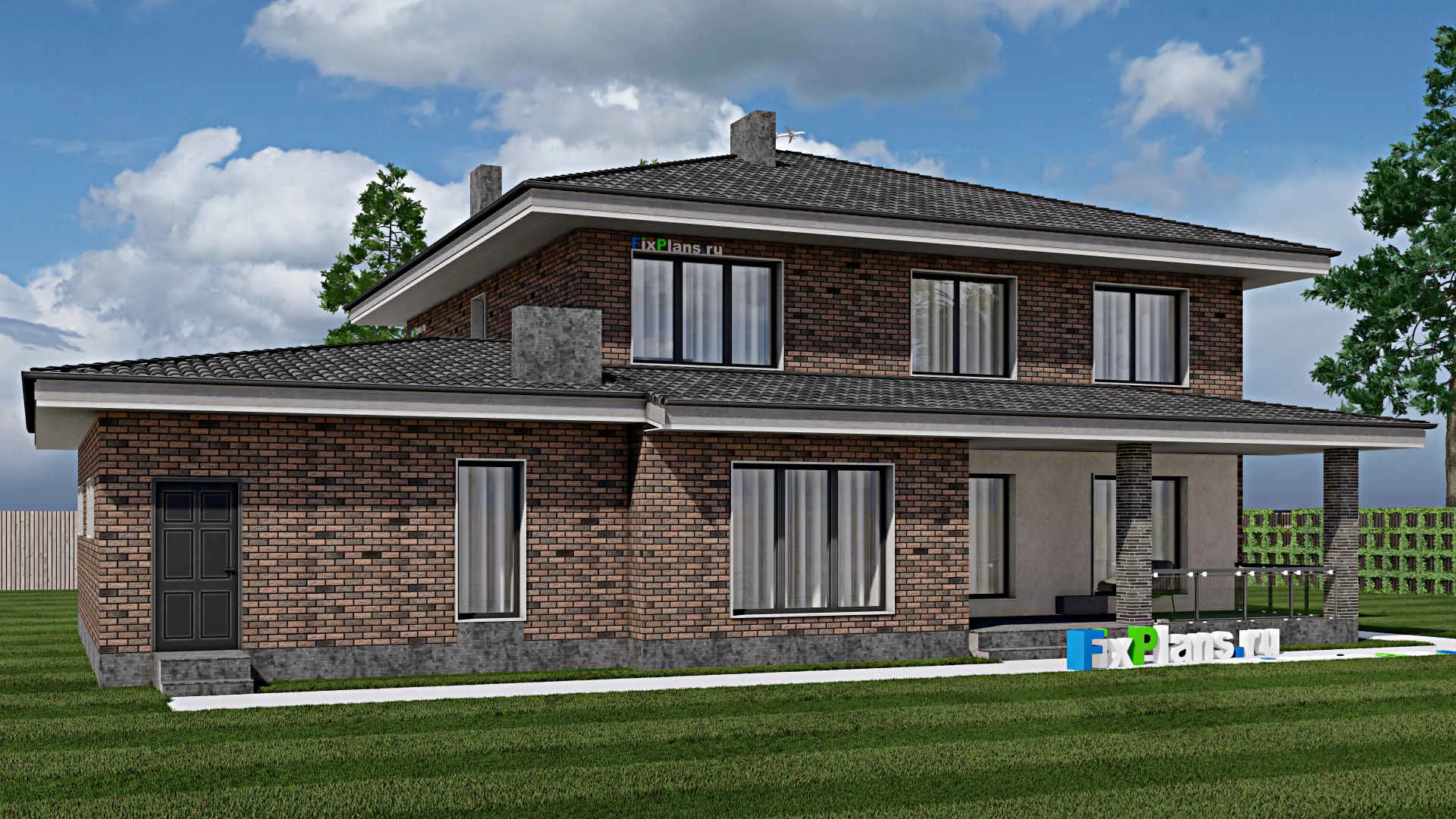 F-1331 - Проект двухэтажного дома 15 на 20, площадью 540 м² с террасой, гаражом на 2 машины и 8 спальнями