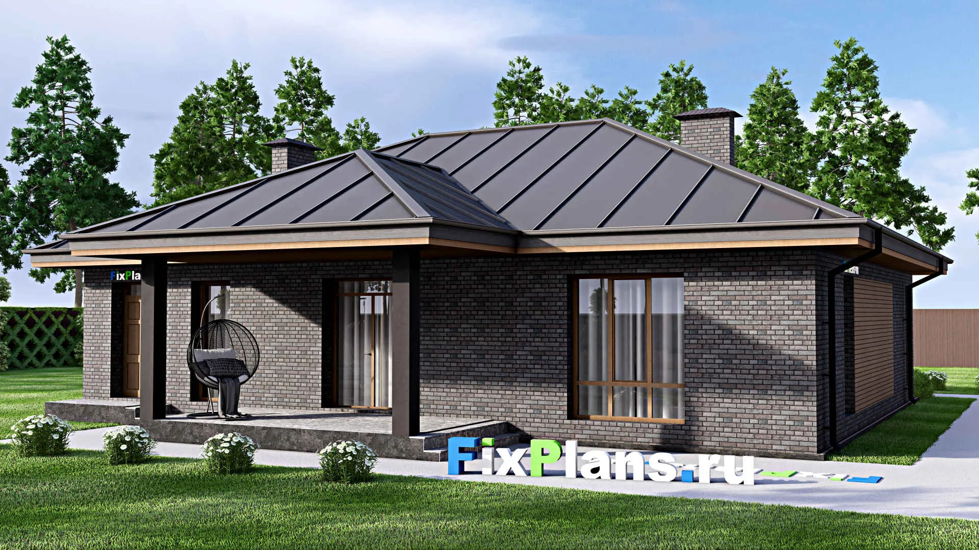 F-14579 - План одноэтажного дома 16 на 16, площадью 160 м² с террасой и 3 спальнями