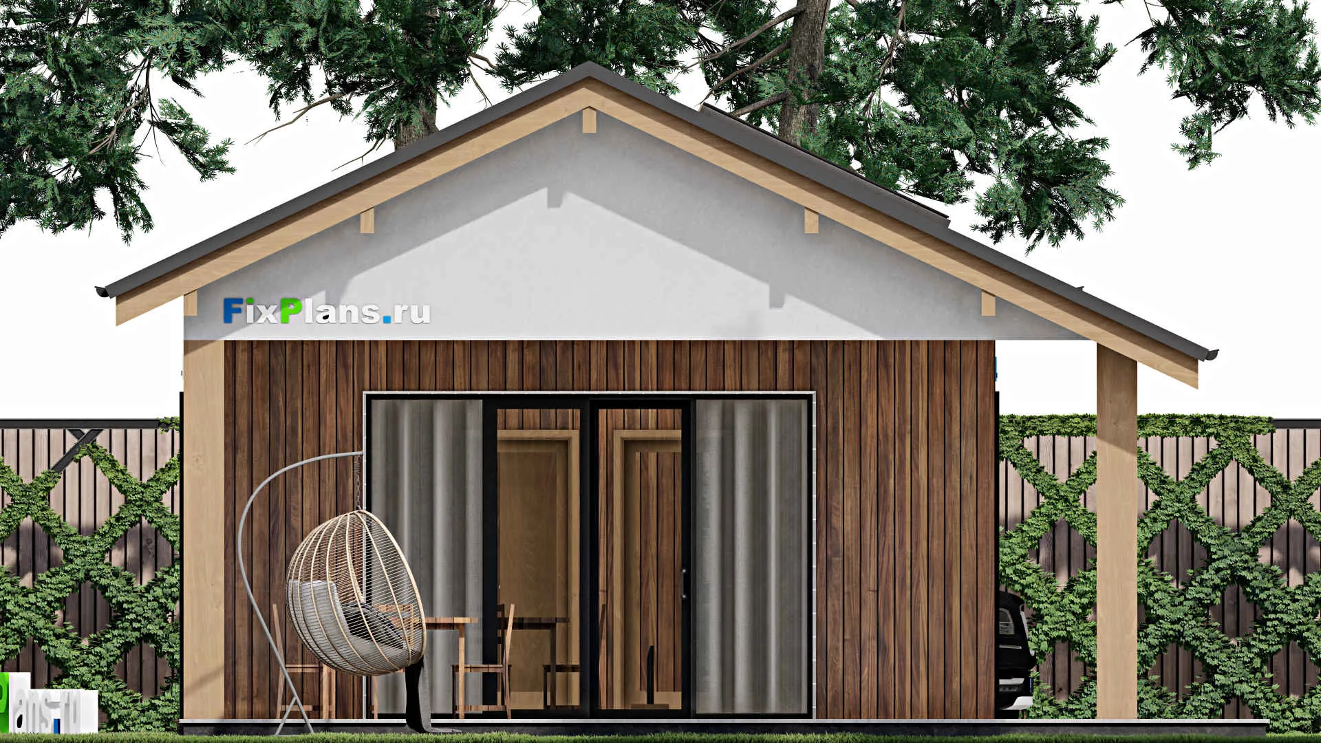 F-1133 - Проект одноэтажного дома 6 на 12, площадью 70 м² с террасой и 2 спальнями