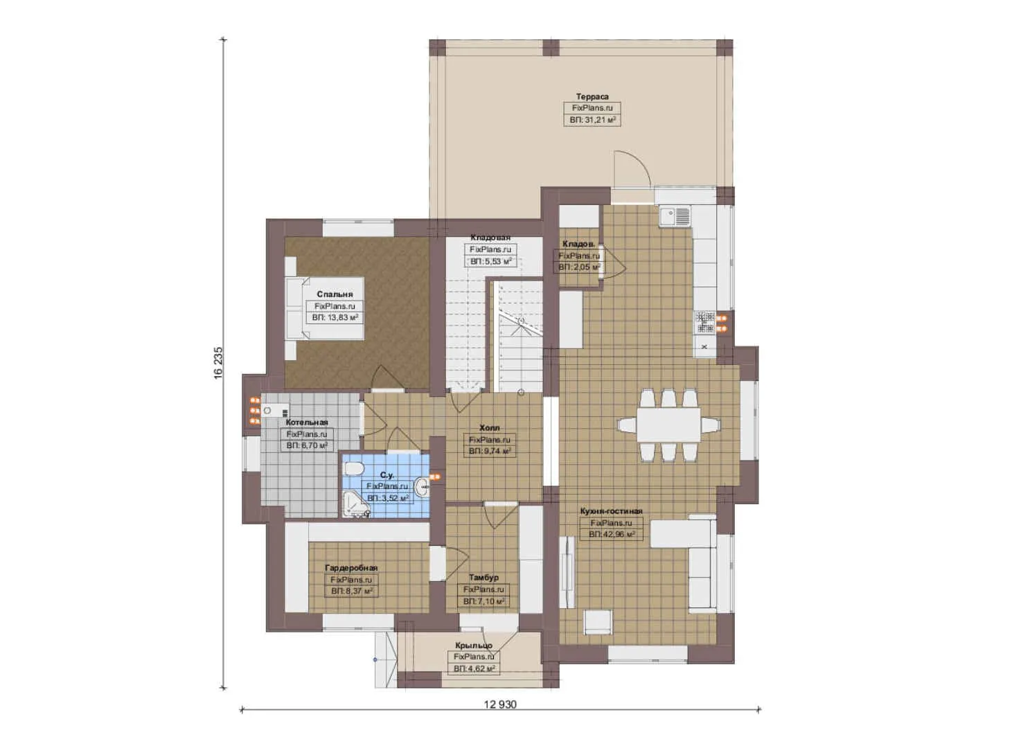 F-19655 - Планы двухэтажного дома 13 на 17, площадью 220 м² с террасой и 2 спальнями
