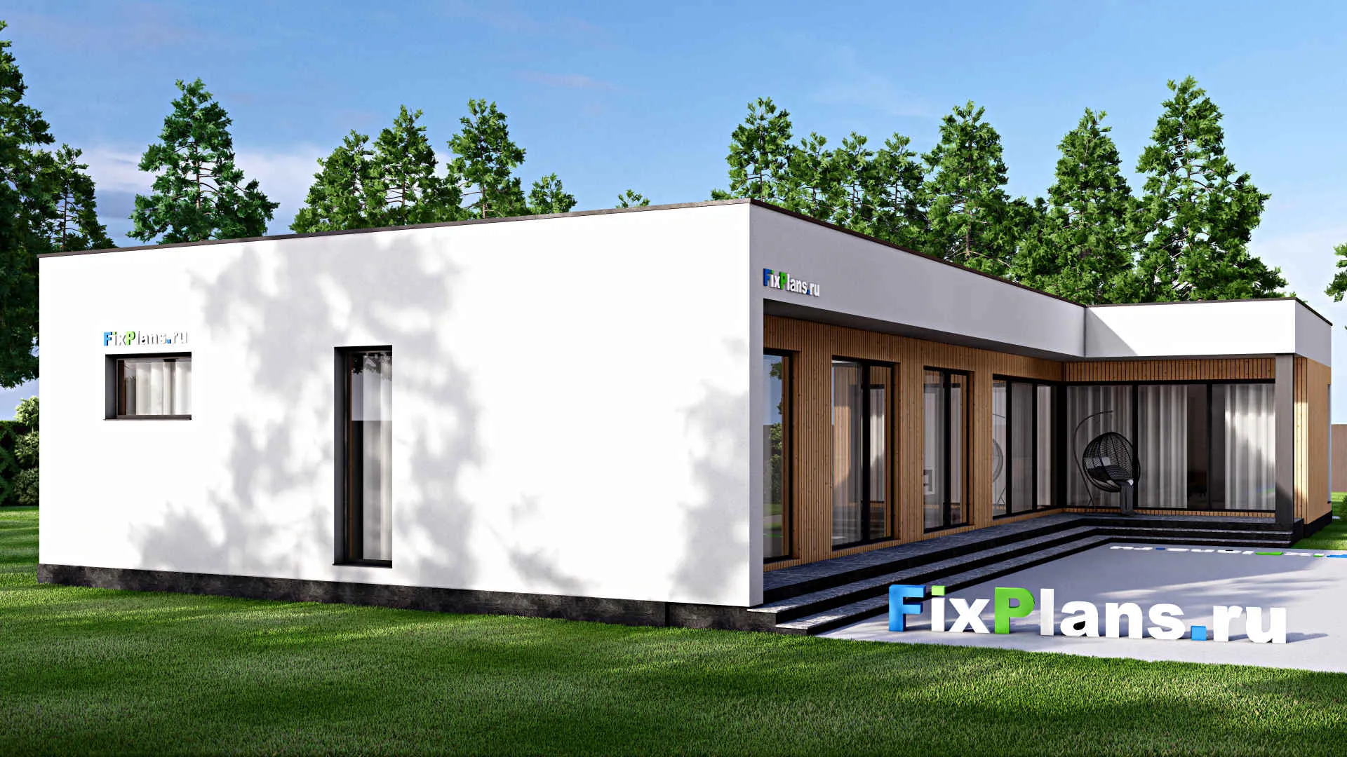 F-16577 - Проект одноэтажного дома 20 на 24, площадью 290 м² с террасой, гаражом на 2 машины и 3 спальнями