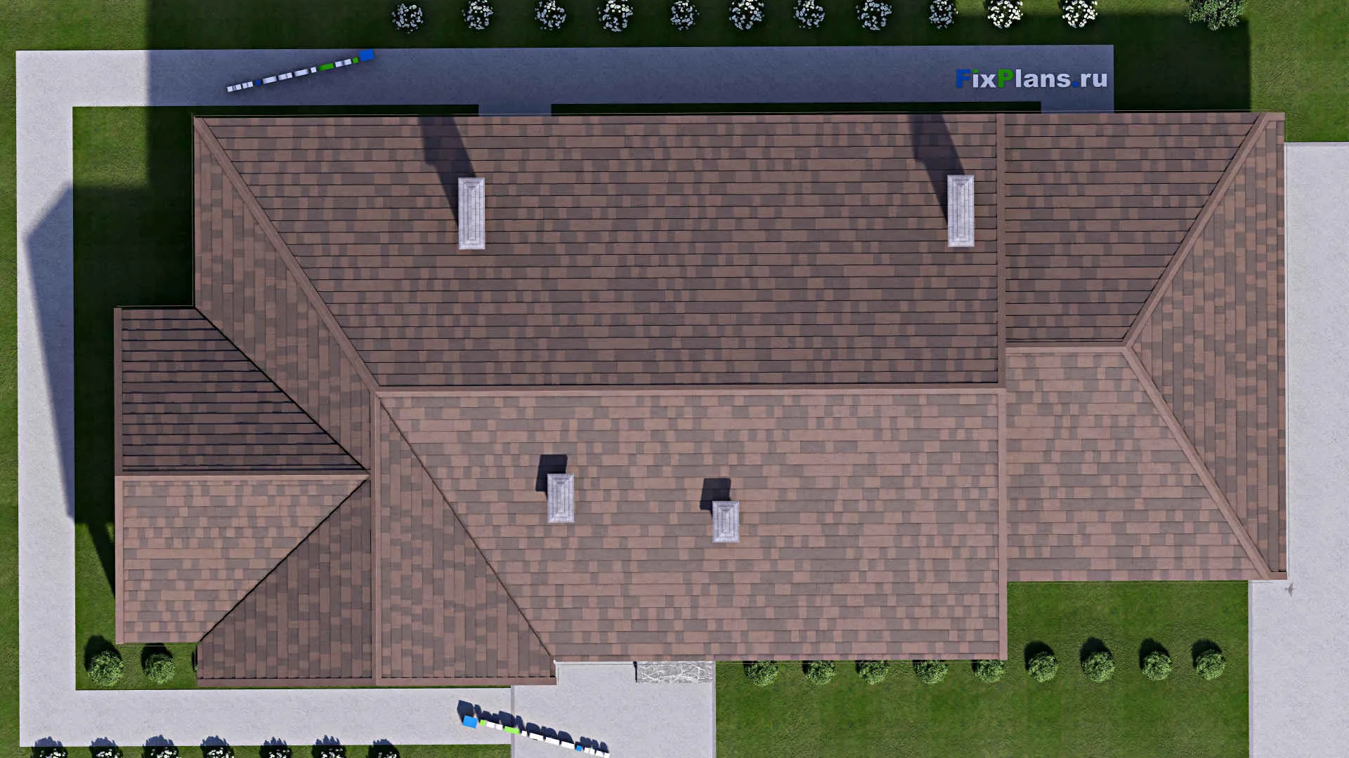 F-14453 - План одноэтажного дома 13 на 31, площадью 480 м² с террасой, цокольным этажом, гаражом на 2 машины и 4 спальнями