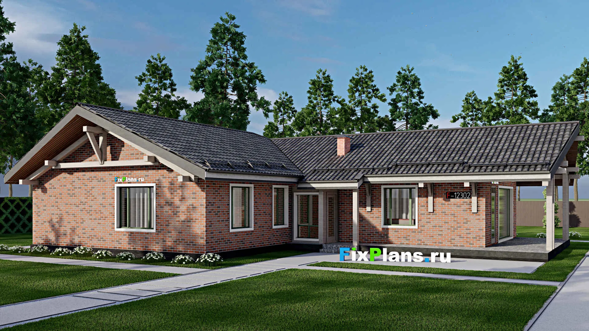 F-12302 - Проект одноэтажного дома 16 на 21, площадью 190 м² с террасой, баней и 3 спальнями