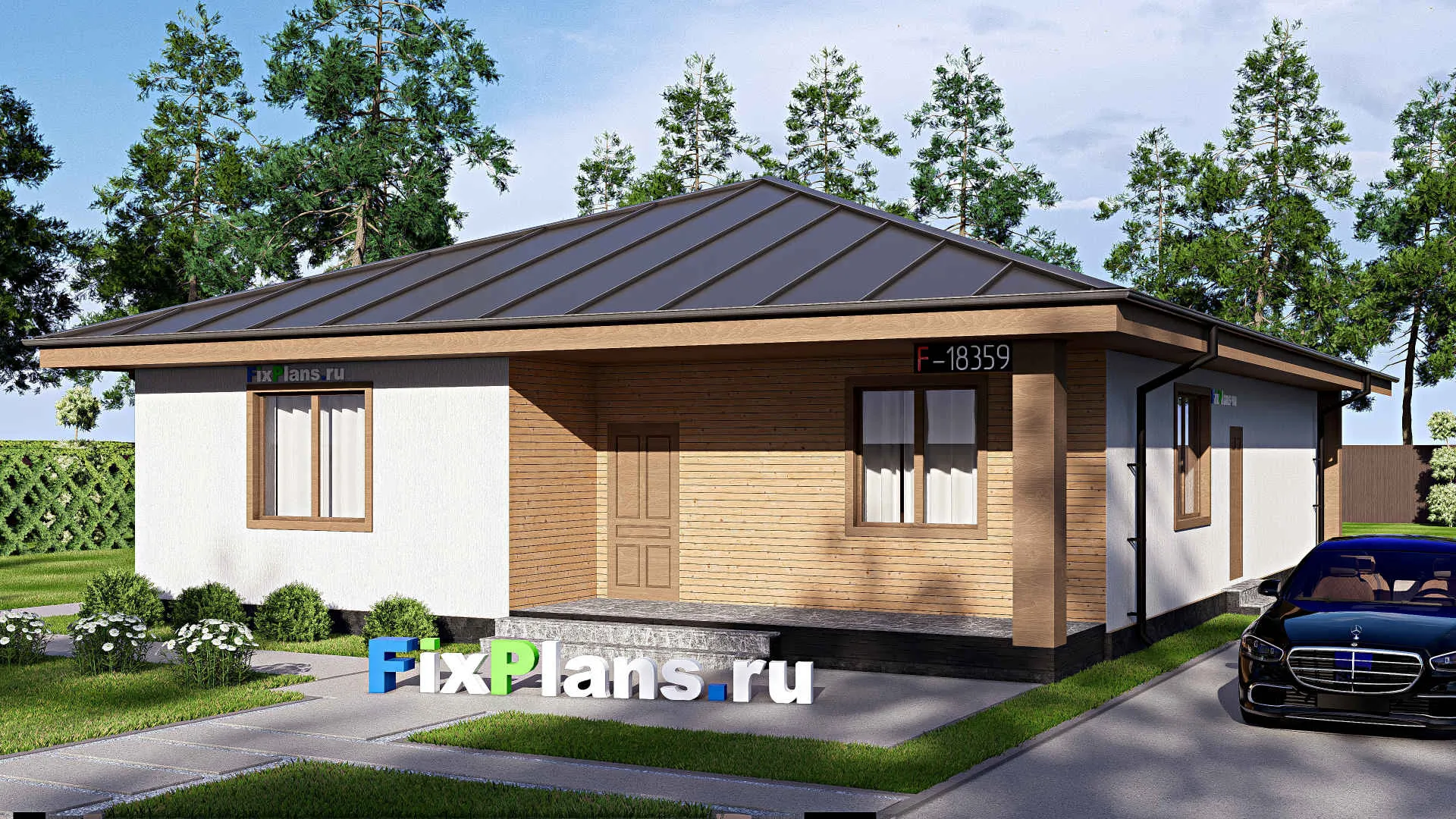 F-18359 - Проект одноэтажного дома 13 на 19, площадью 180 м² с террасой и 3 спальнями