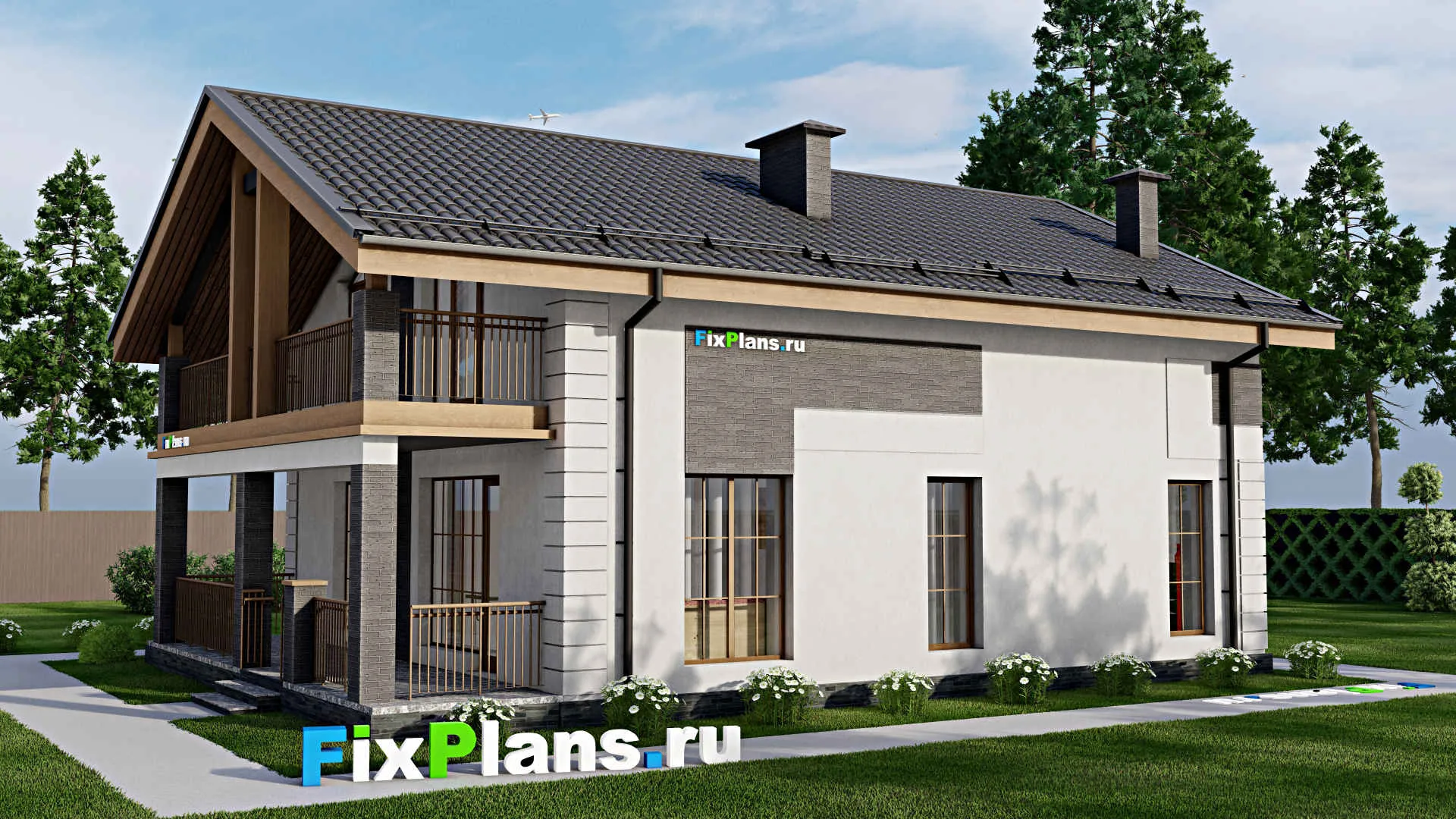 F-9044 - Проект дома с мансардой 11 на 14, площадью 210 м² с террасой, балконом и 4 спальнями