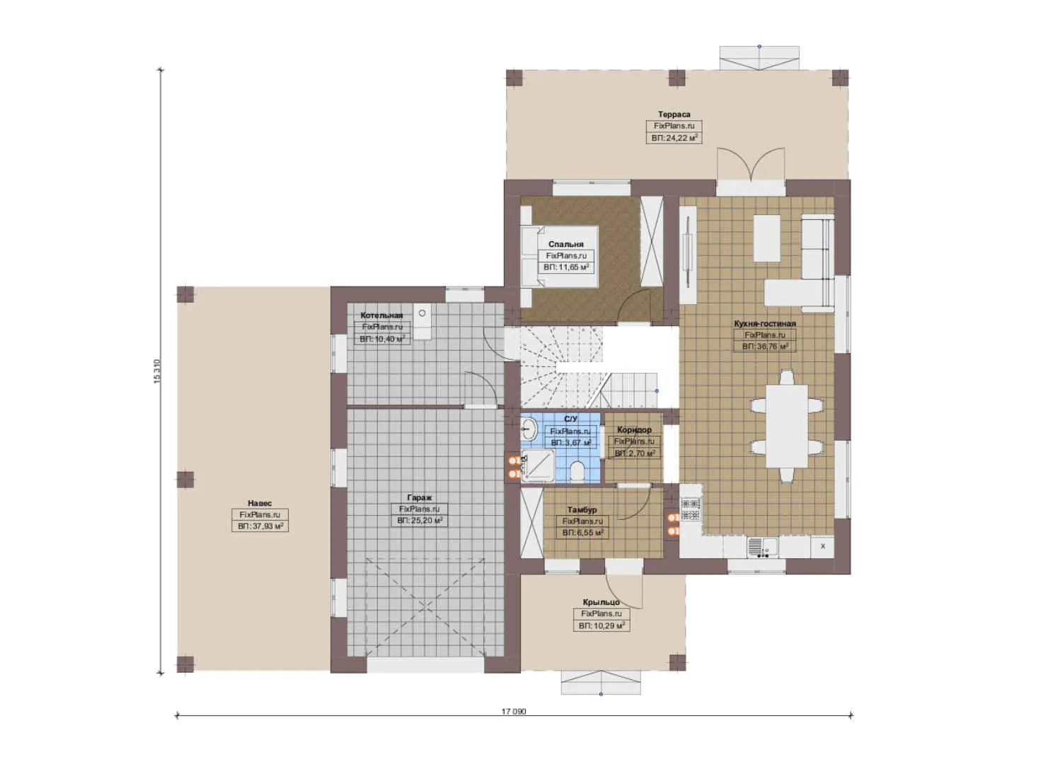 F-18818 - Планы двухэтажного дома 16 на 18, площадью 240 м² с террасой, гаражом на 1 машину и 4 спальнями