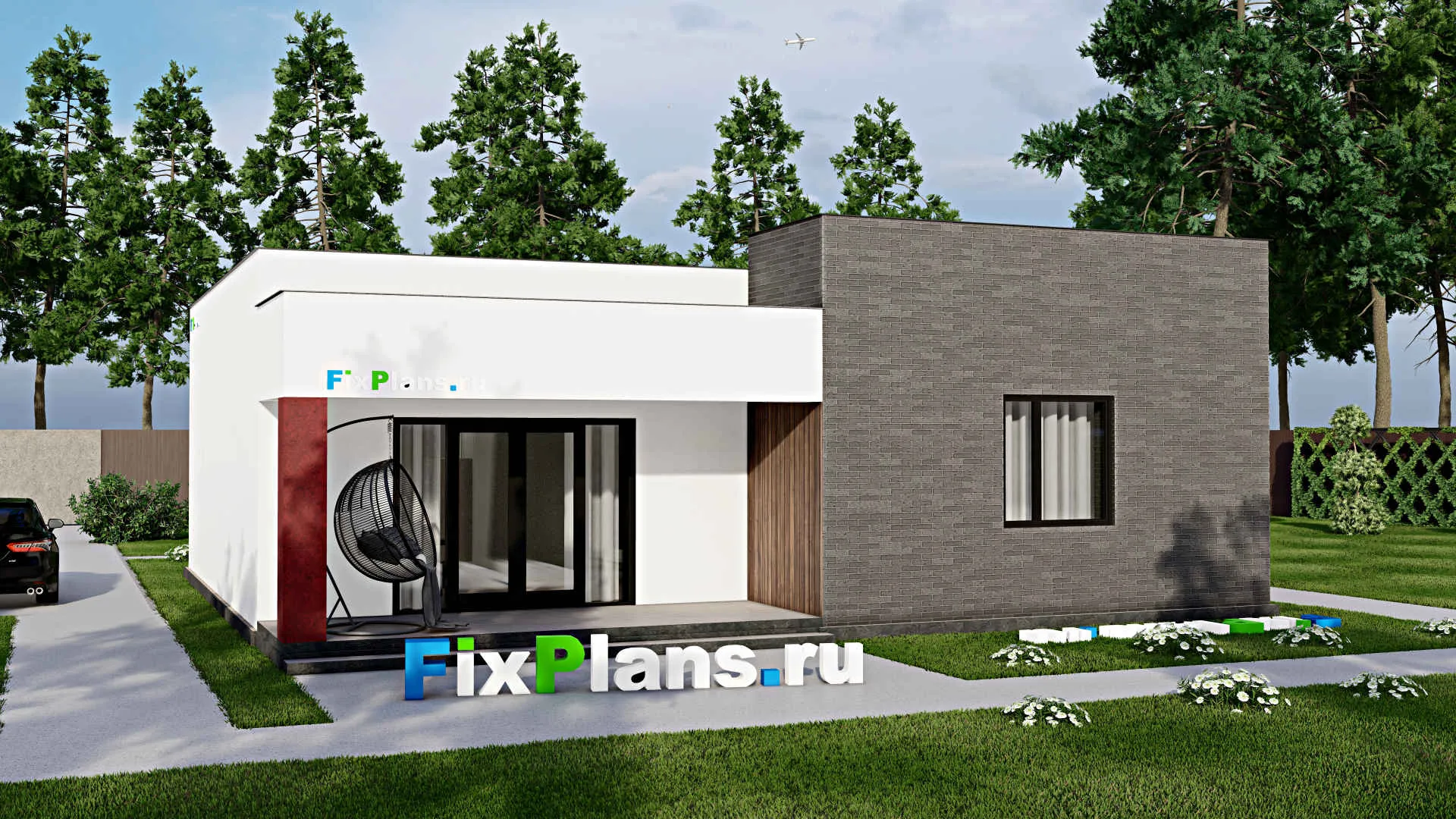F-4058 - Проект одноэтажного дома 11 на 12, площадью 110 м² с террасой и 2 спальнями