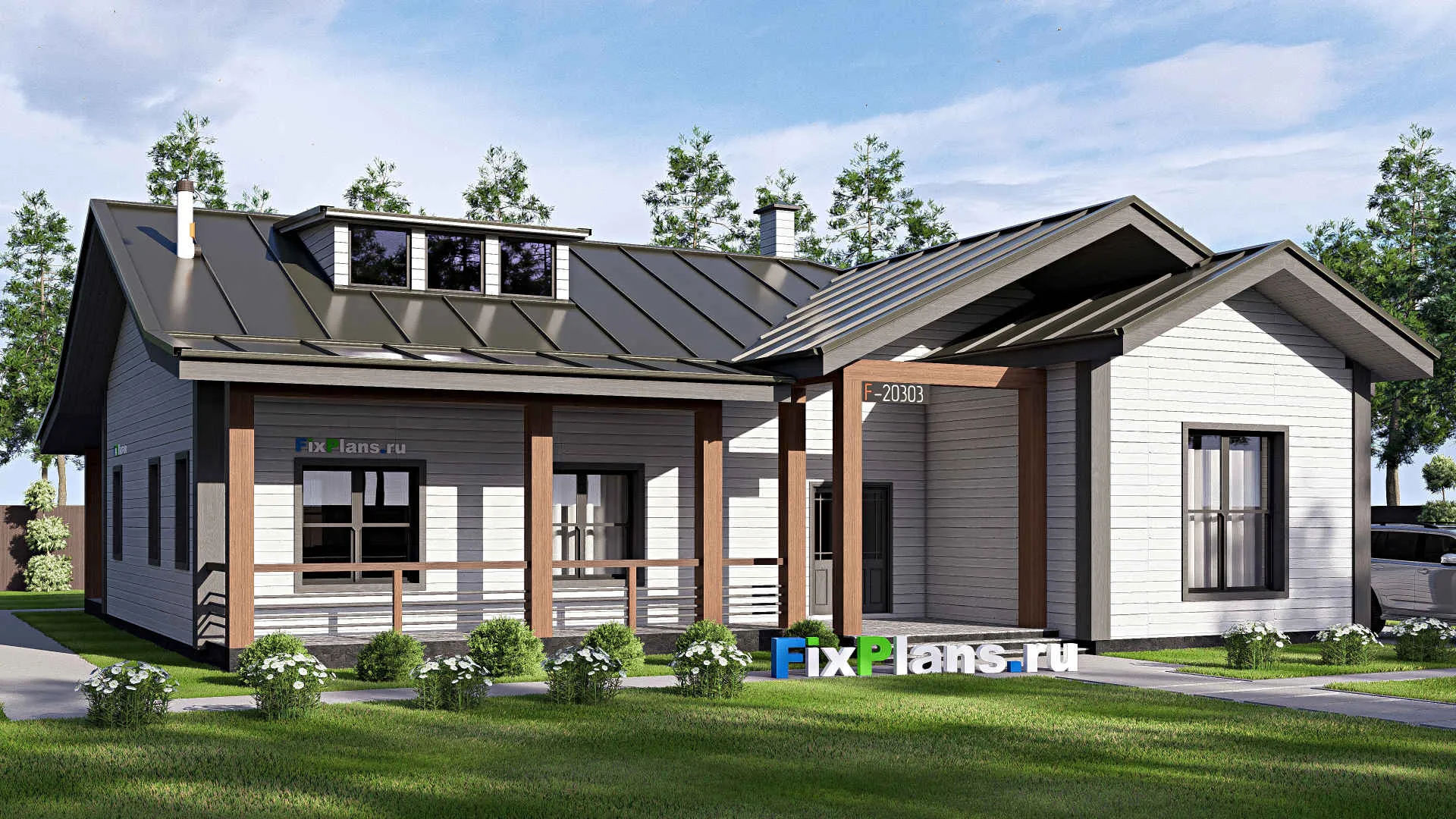 F-20303 - Проект одноэтажного дома 19 на 20, площадью 260 м² с террасой и 2 спальнями