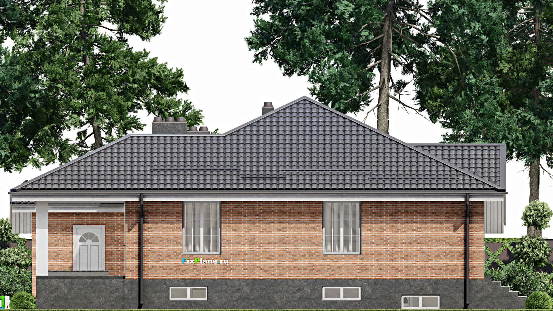 F-3878 - Проект одноэтажного дома 15 на 19, площадью 340 м² с террасой, цокольным этажом, баней, гаражом на 1 машину и 3 спальнями