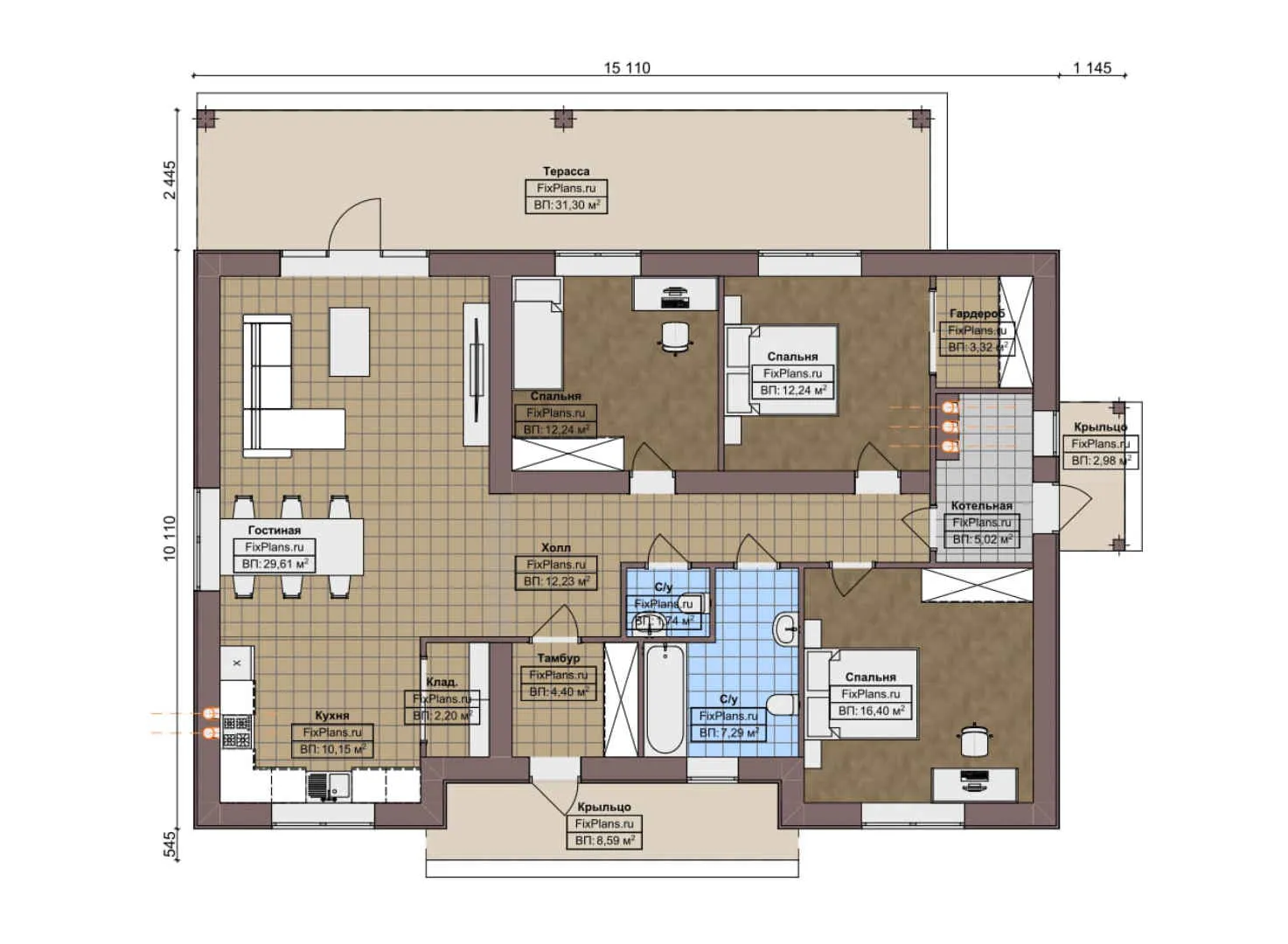 F-6047 - План одноэтажного дома 11 на 16, площадью 160 м² с террасой и 3 спальнями