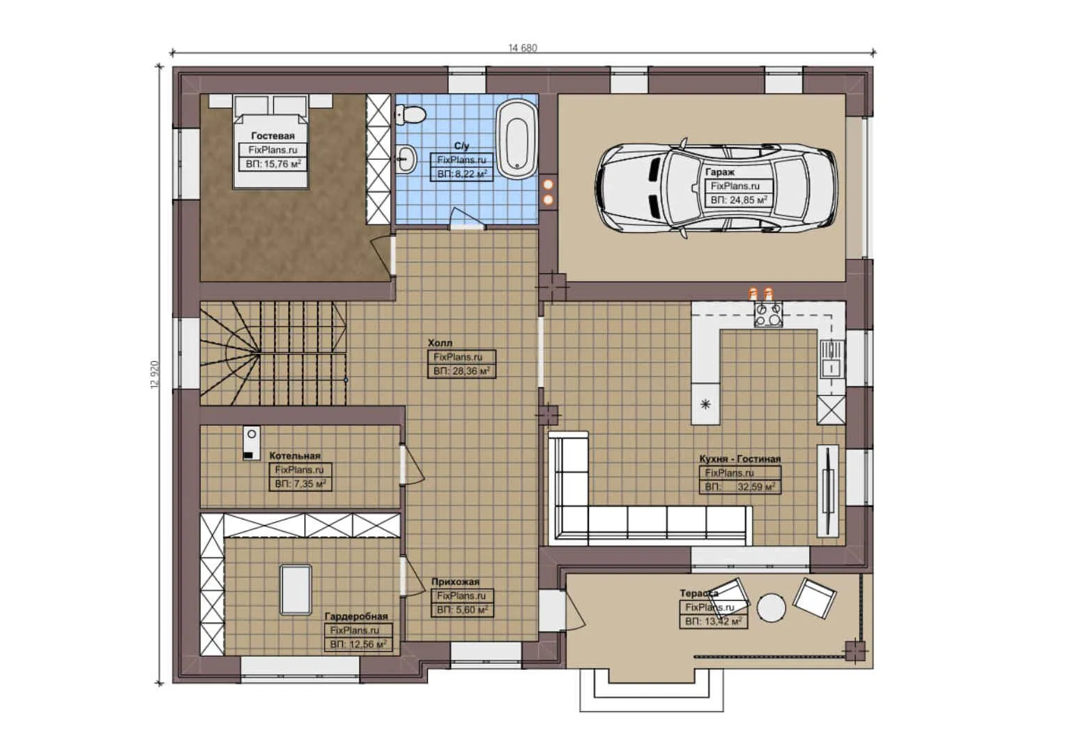 F-0620 - Планы двухэтажного дома 13 на 15, площадью 270 м² с террасой, балконом, гаражом на 1 машину и 4 спальнями