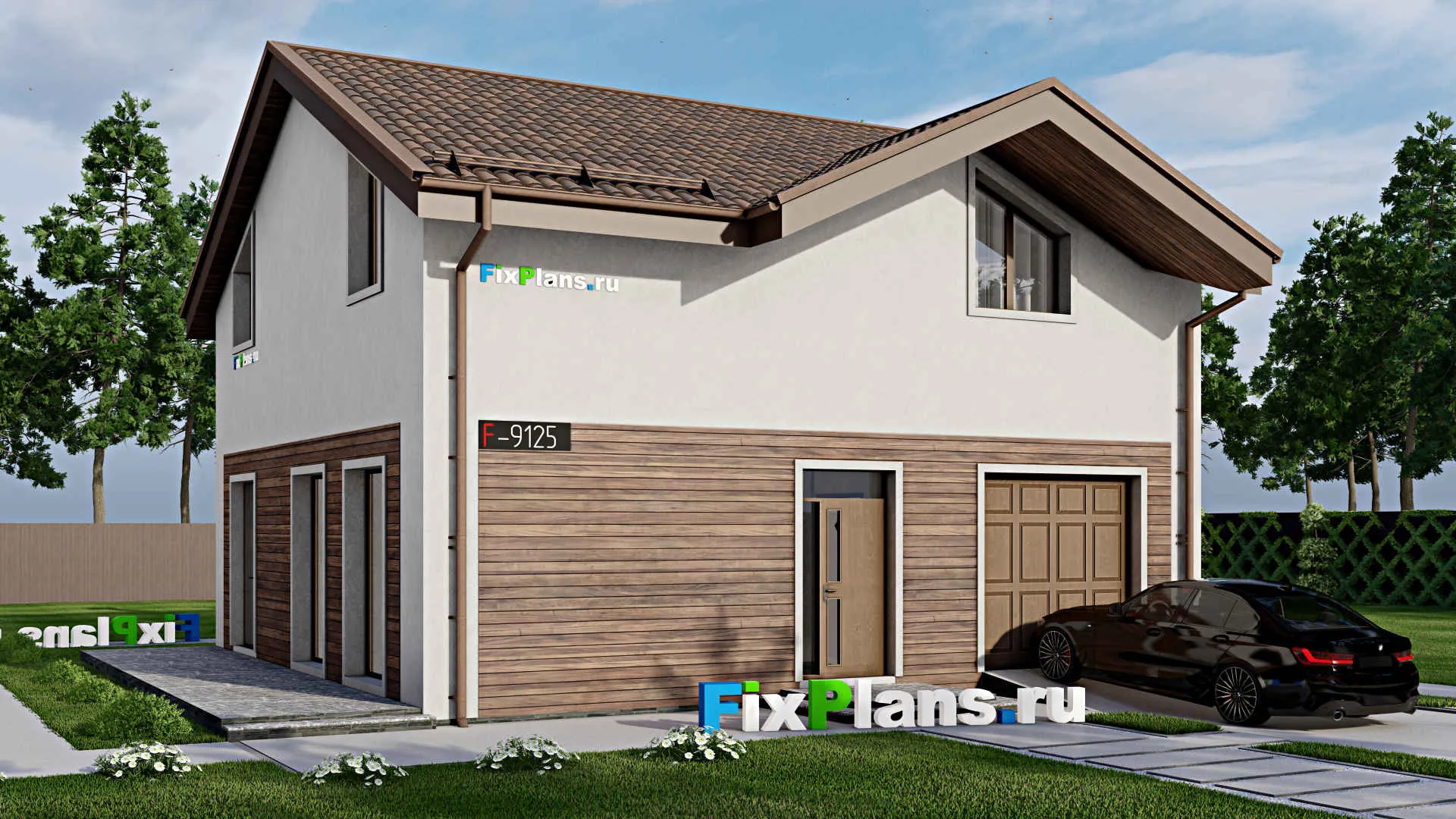 F-9125 - Проект дома с мансардой 12 на 13, площадью 180 м² с террасой, гаражом на 1 машину и 4 спальнями