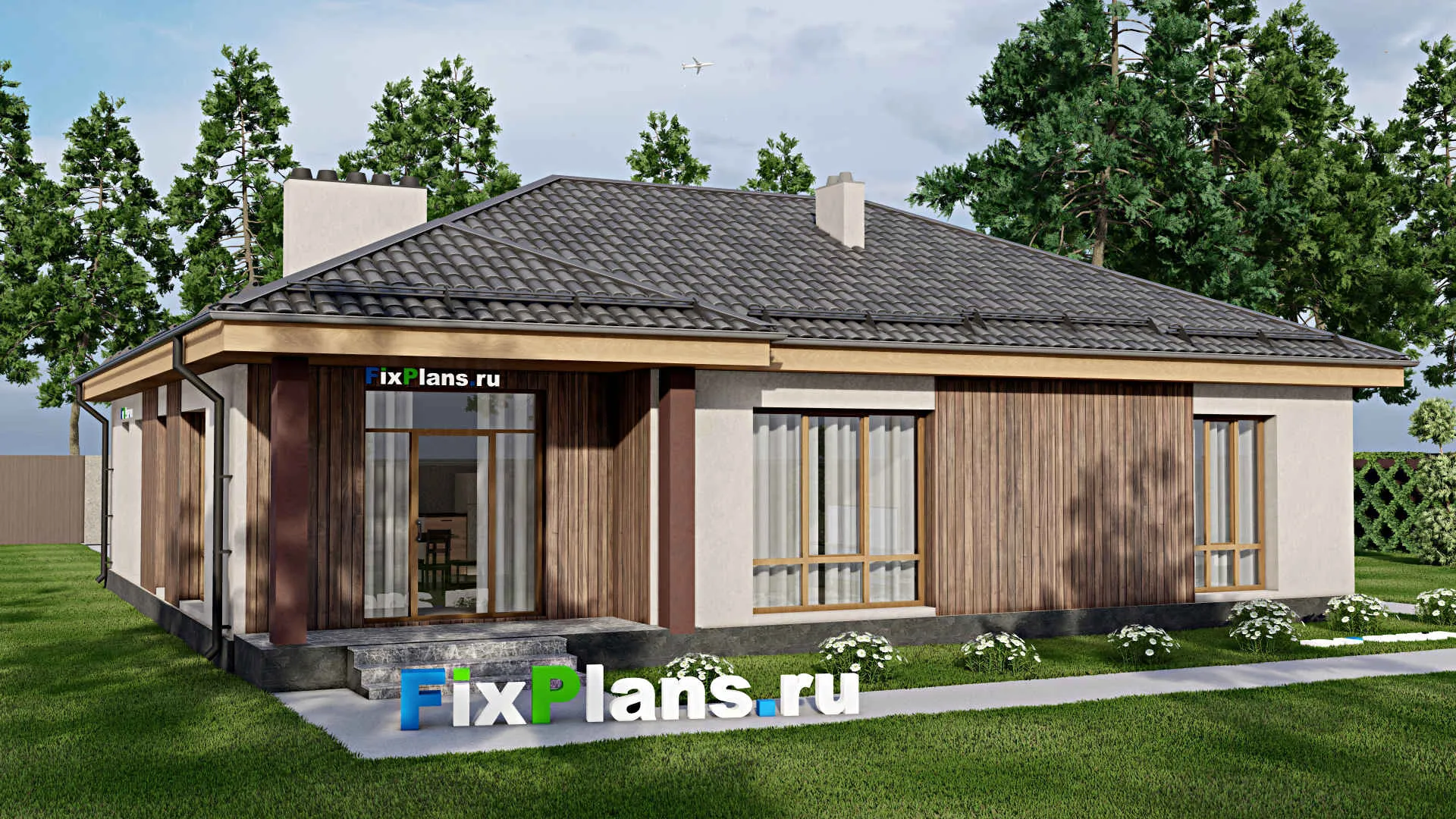 F-7856 - Проект одноэтажного дома 15 на 16, площадью 150 м² с террасой, гаражом на 1 машину и 2 спальнями