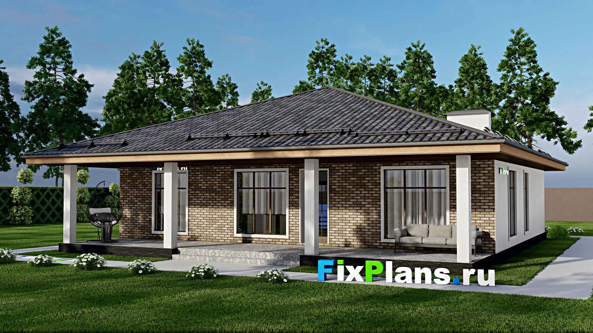 F-10628 - Проект одноэтажного дома 14 на 15, площадью 170 м² с террасой и 2 спальнями