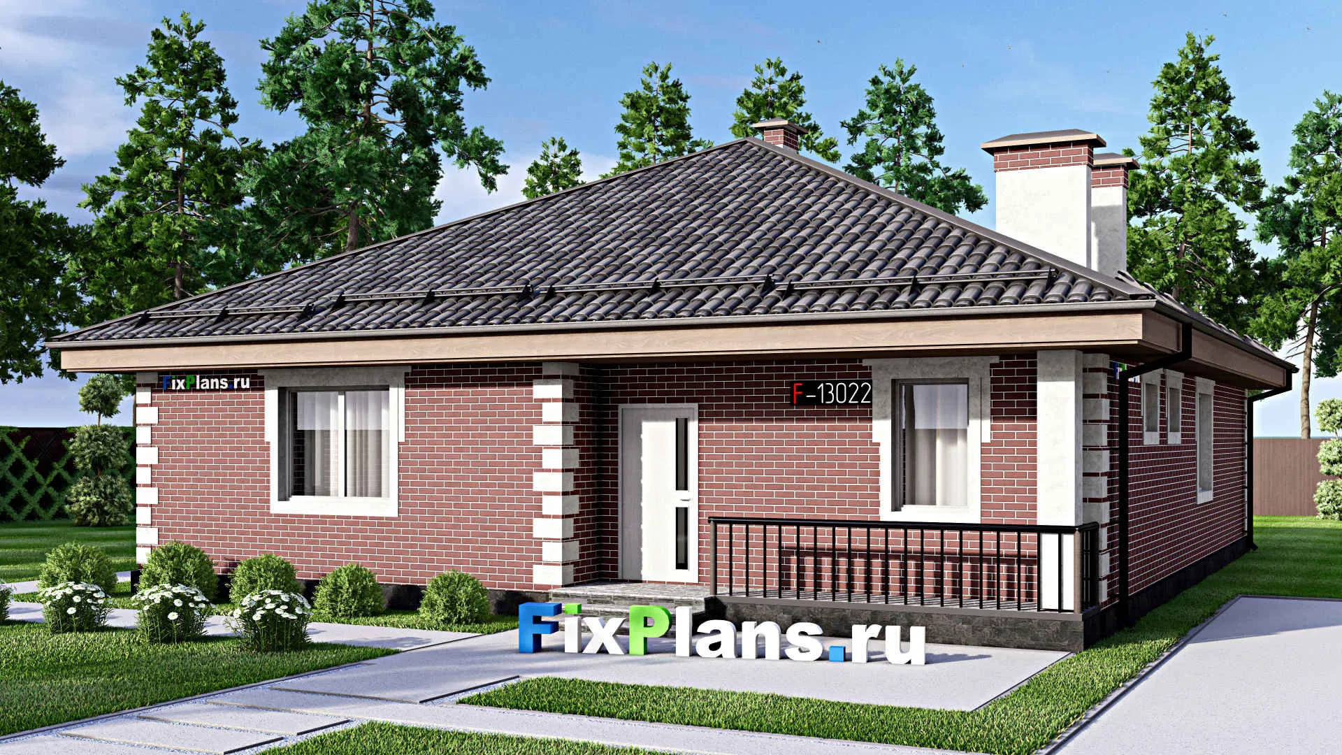 F-13022 - Проект одноэтажного дома 14 на 15, площадью 160 м² с террасой и 3 спальнями