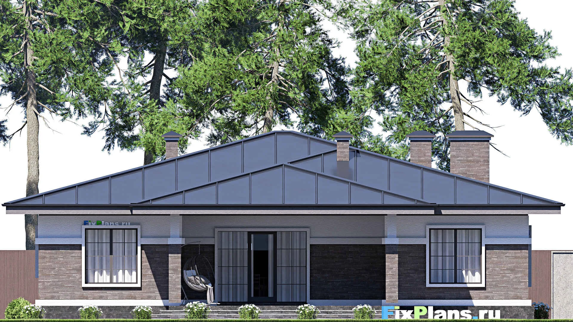 F-20528 - Проект одноэтажного дома 17 на 22, площадью 260 м² с террасой, гаражом на 2 машины и 3 спальнями