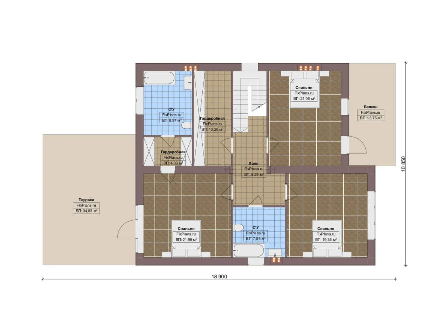 F-19241 - Планы двухэтажного дома 12 на 19, площадью 310 м² с террасой, балконом и 4 спальнями