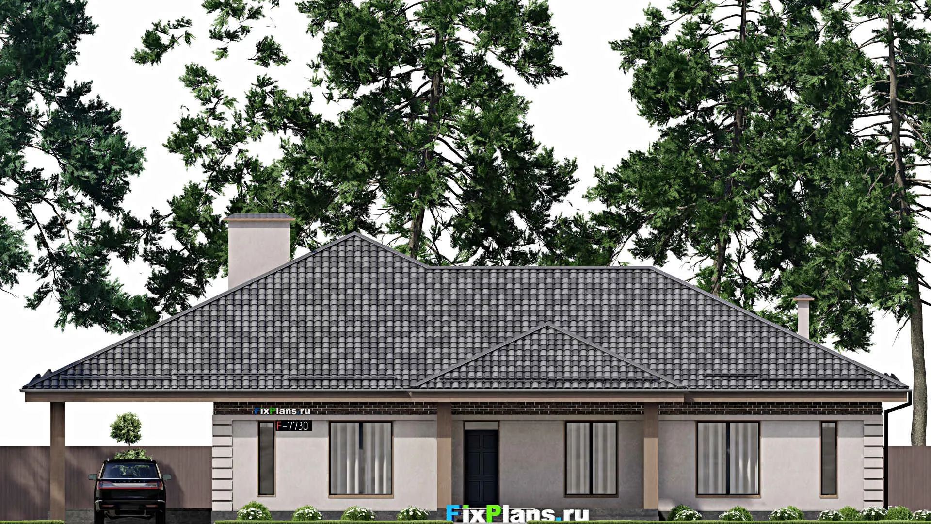 F-7730 - Проект одноэтажного дома 15 на 19, площадью 310 м² с террасой и 4 спальнями