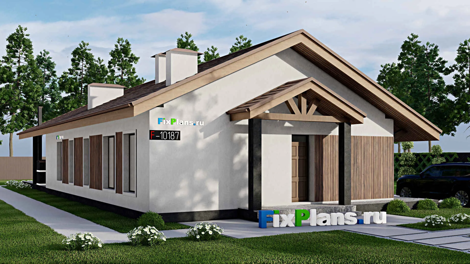 F-10187 - Проект одноэтажного дома 12 на 26, площадью 260 м² с террасой, баней и 2 спальнями