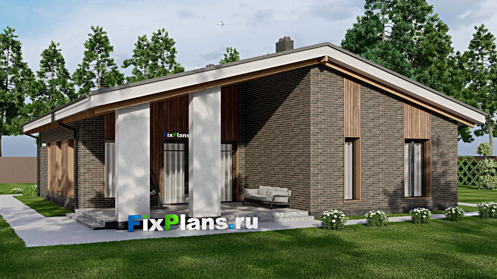 F-6236 - Проект одноэтажного дома 15 на 20, площадью 230 м² с террасой, баней и 2 спальнями