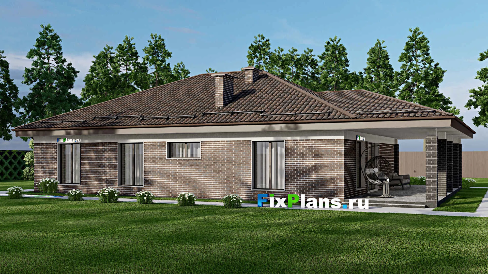 F-5741 - Проект одноэтажного дома 13 на 20, площадью 220 м² с террасой и 3 спальнями