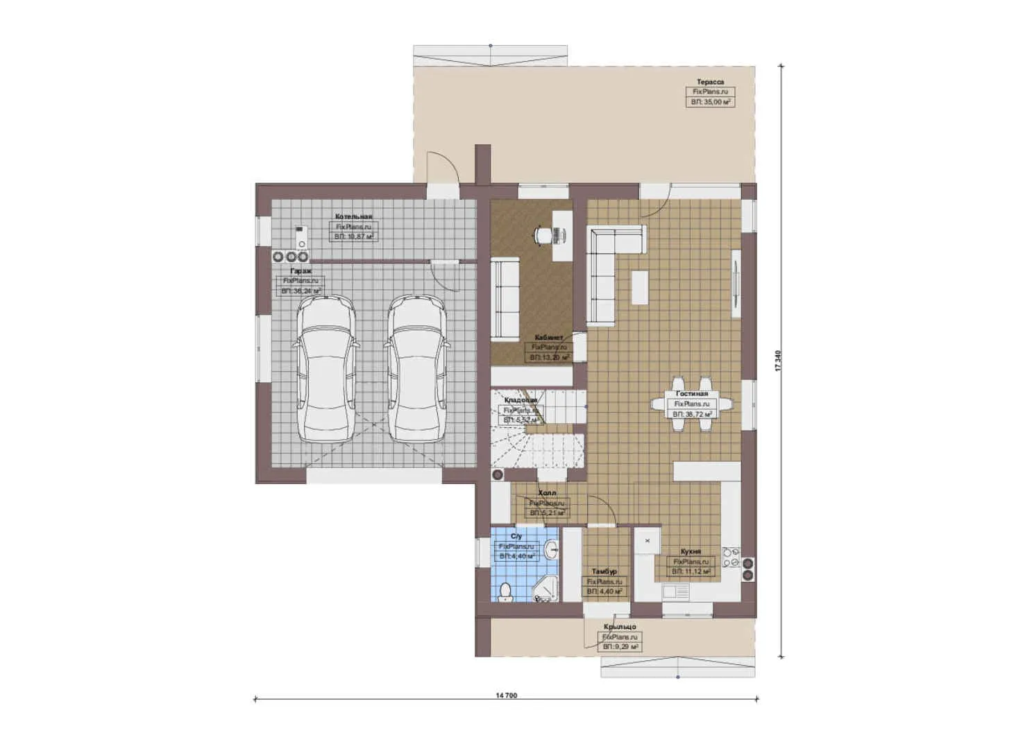 F-16568 - Планы дома с мансардой 15 на 18, площадью 270 м² с террасой, балконом, гаражом на 2 машины и 3 спальнями