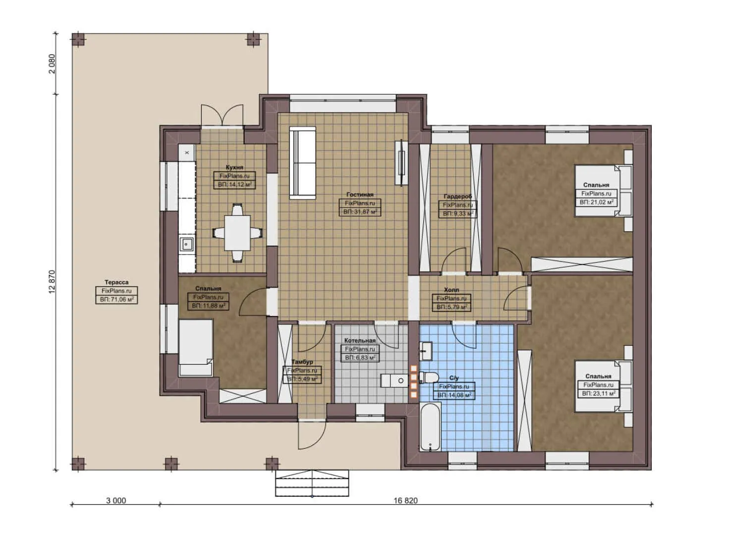 F-5885 - План одноэтажного дома 13 на 17, площадью 220 м² с террасой и 3 спальнями