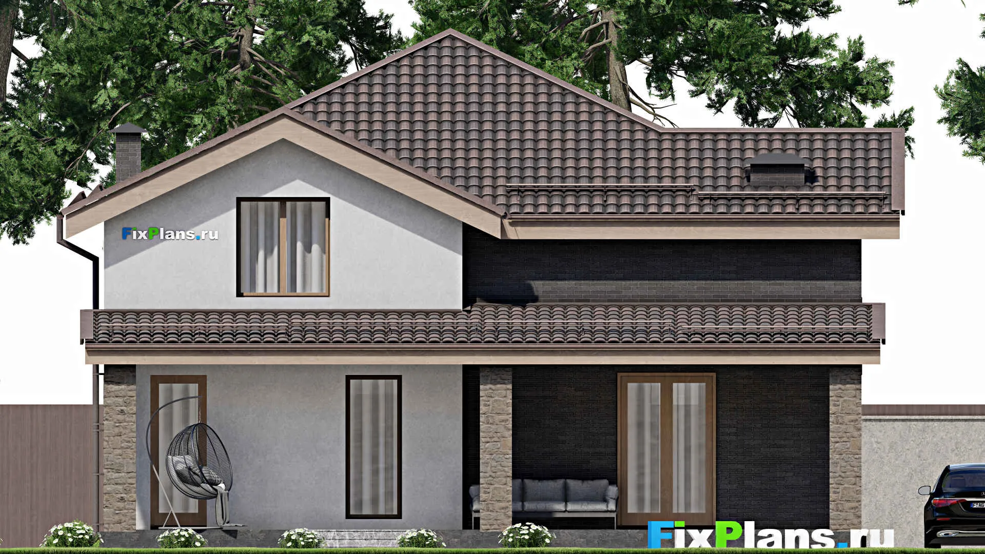 F-6794 - Проект дома с мансардой 13 на 13, площадью 200 м² с террасой, балконом и 4 спальнями