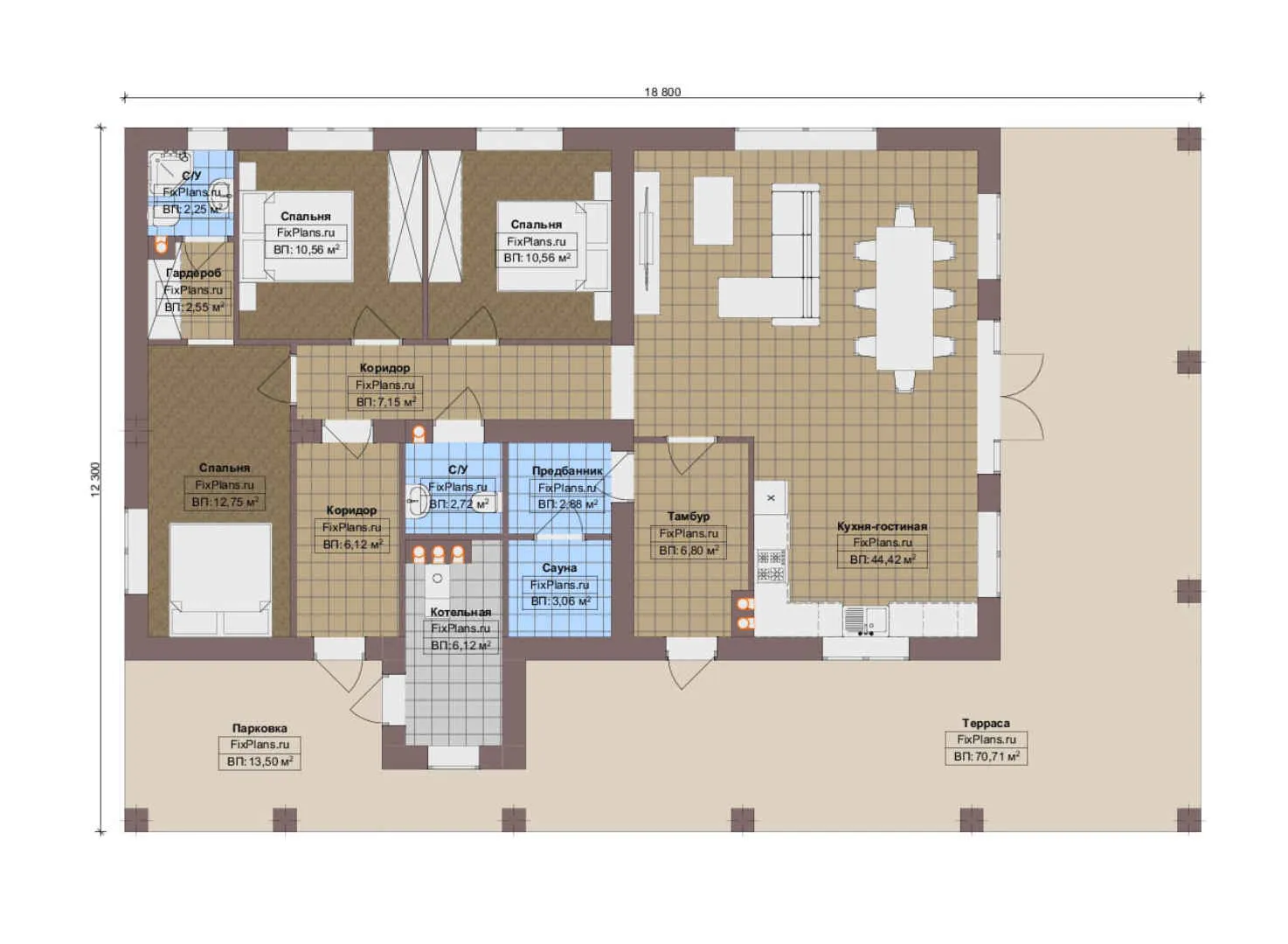 F-18395 - План одноэтажного дома 13 на 19, площадью 210 м² с террасой, баней и 3 спальнями