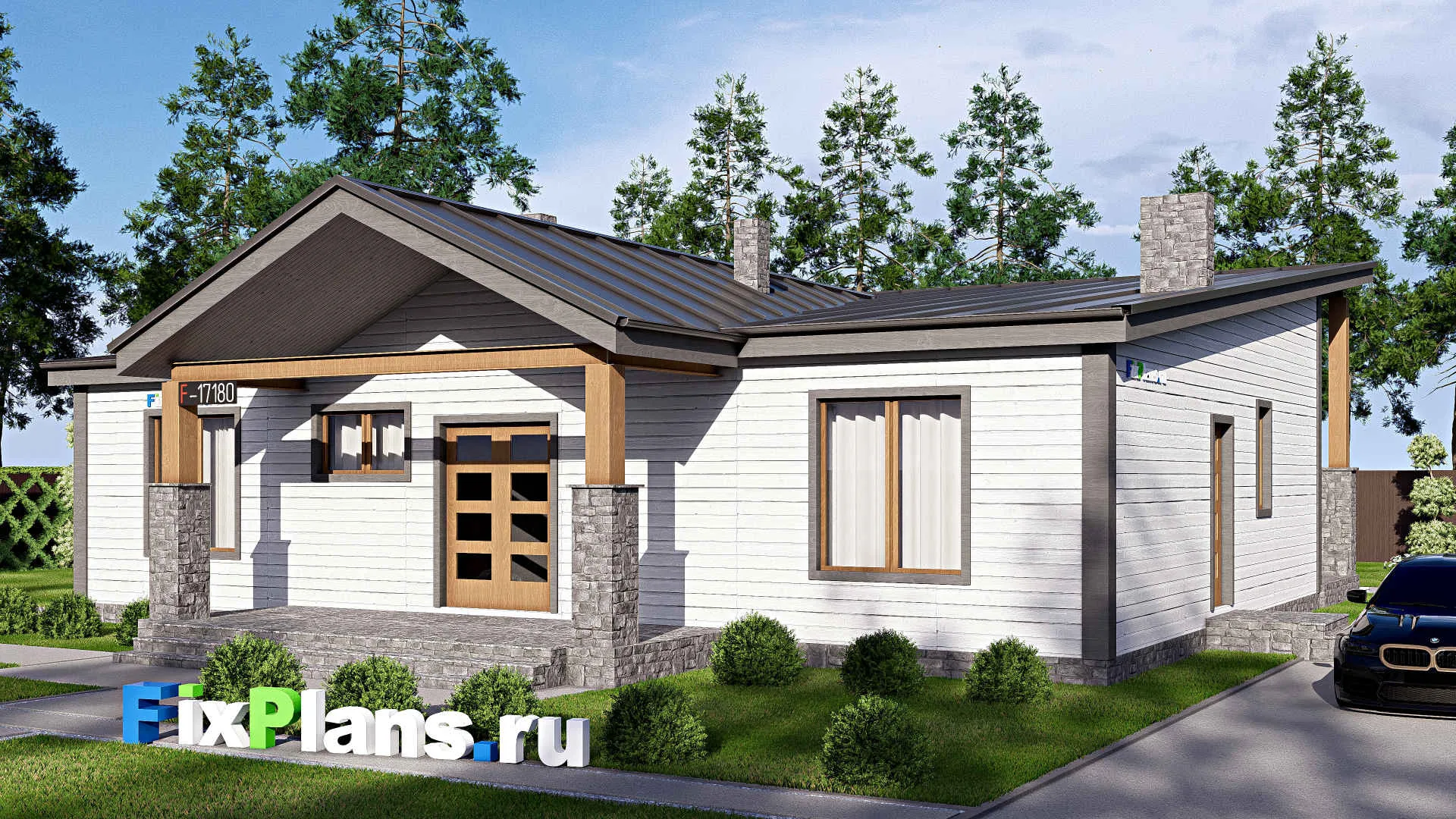 F-17180 - Проект одноэтажного дома 16 на 18, площадью 230 м² с террасой и 3 спальнями