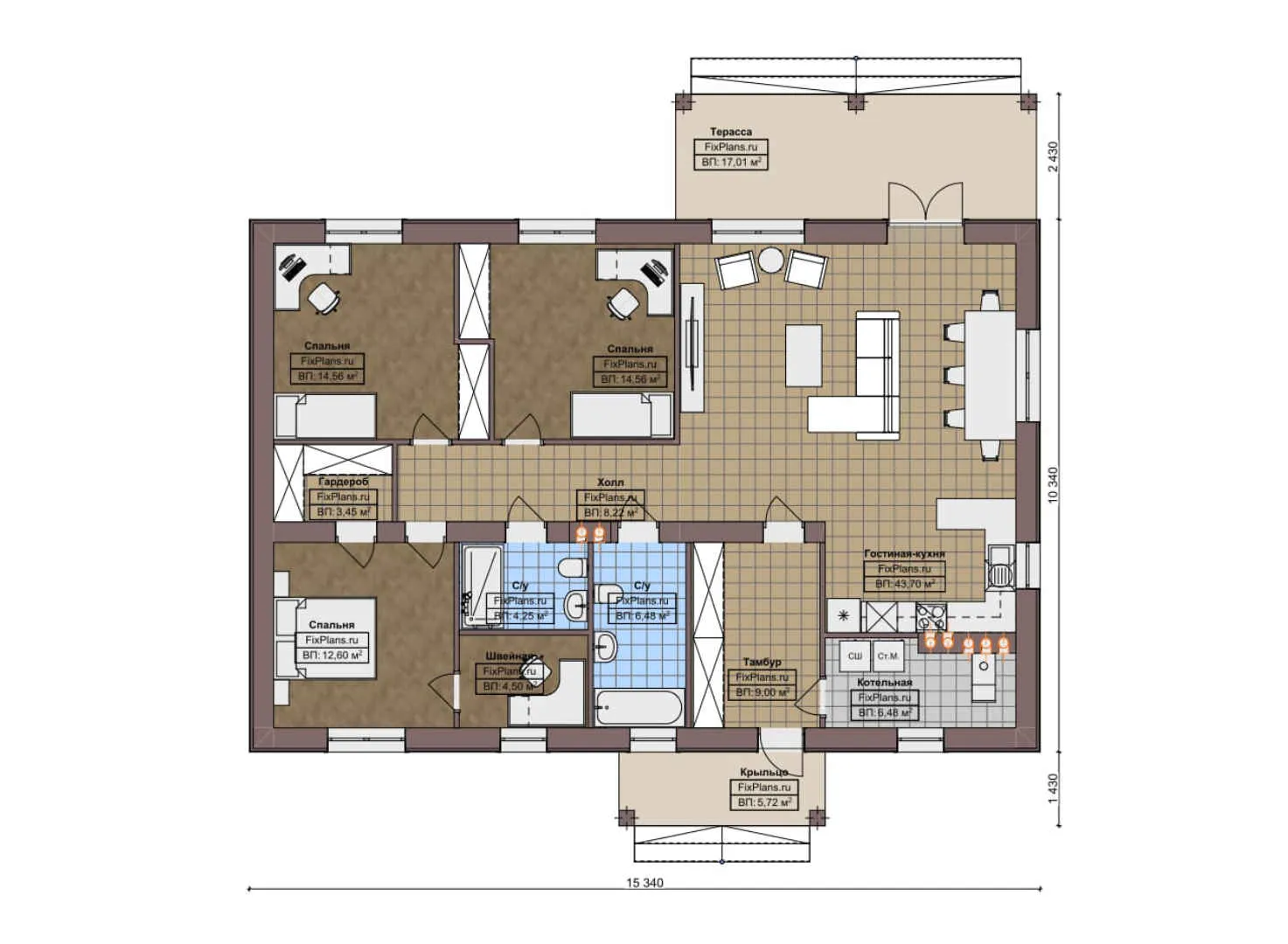 F-7217 - План одноэтажного дома 11 на 16, площадью 160 м² с террасой и 3 спальнями