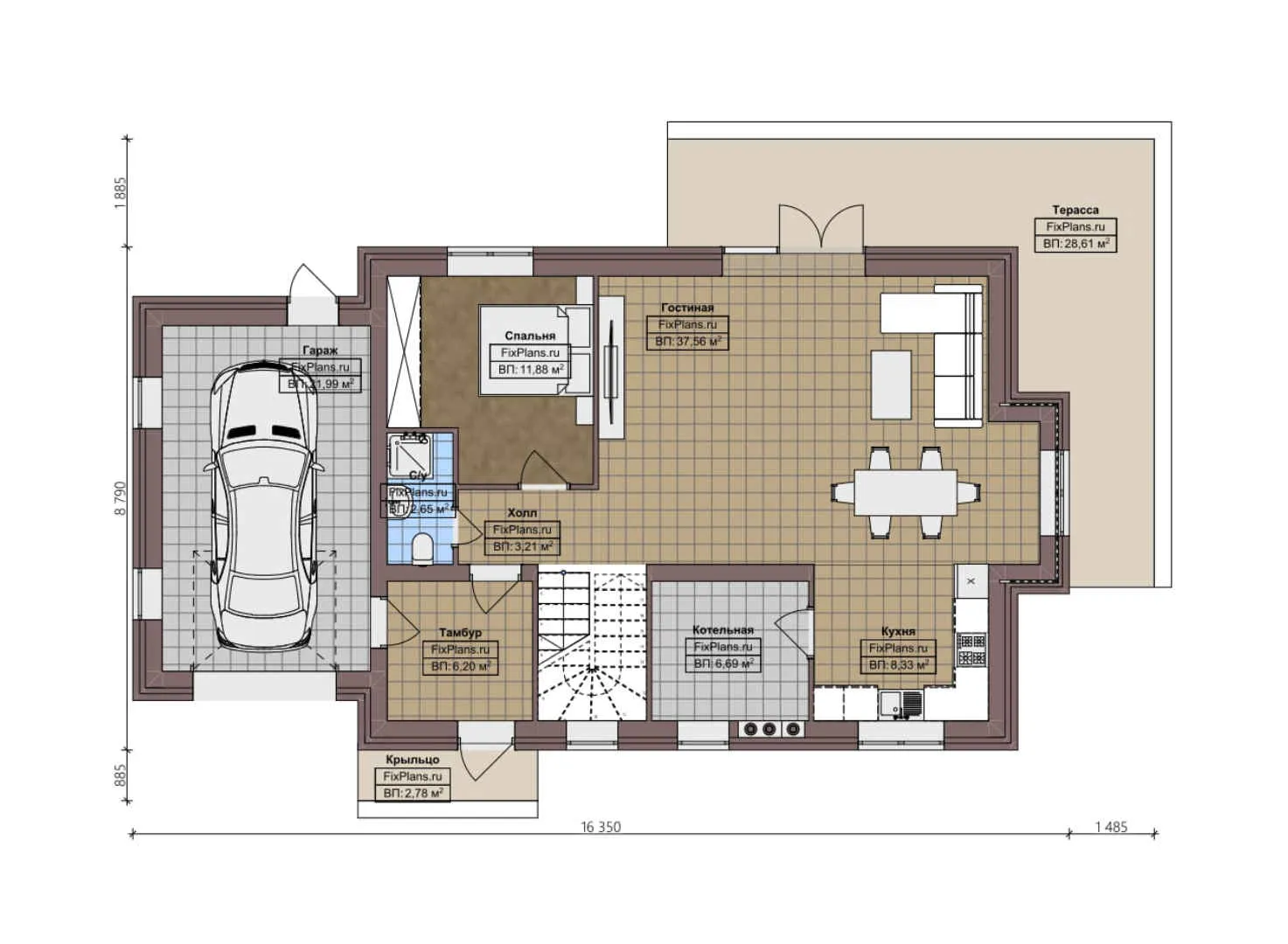 F-2906 - Планы дома с мансардой 9 на 17, площадью 210 м² с террасой, балконом, гаражом на 1 машину и 4 спальнями