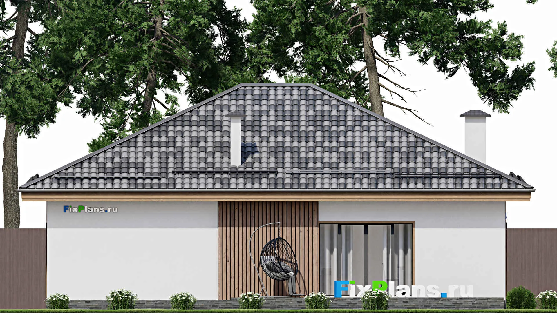 F-11195 - Проект одноэтажного дома 13 на 16, площадью 140 м² с террасой, гаражом на 1 машину и 3 спальнями