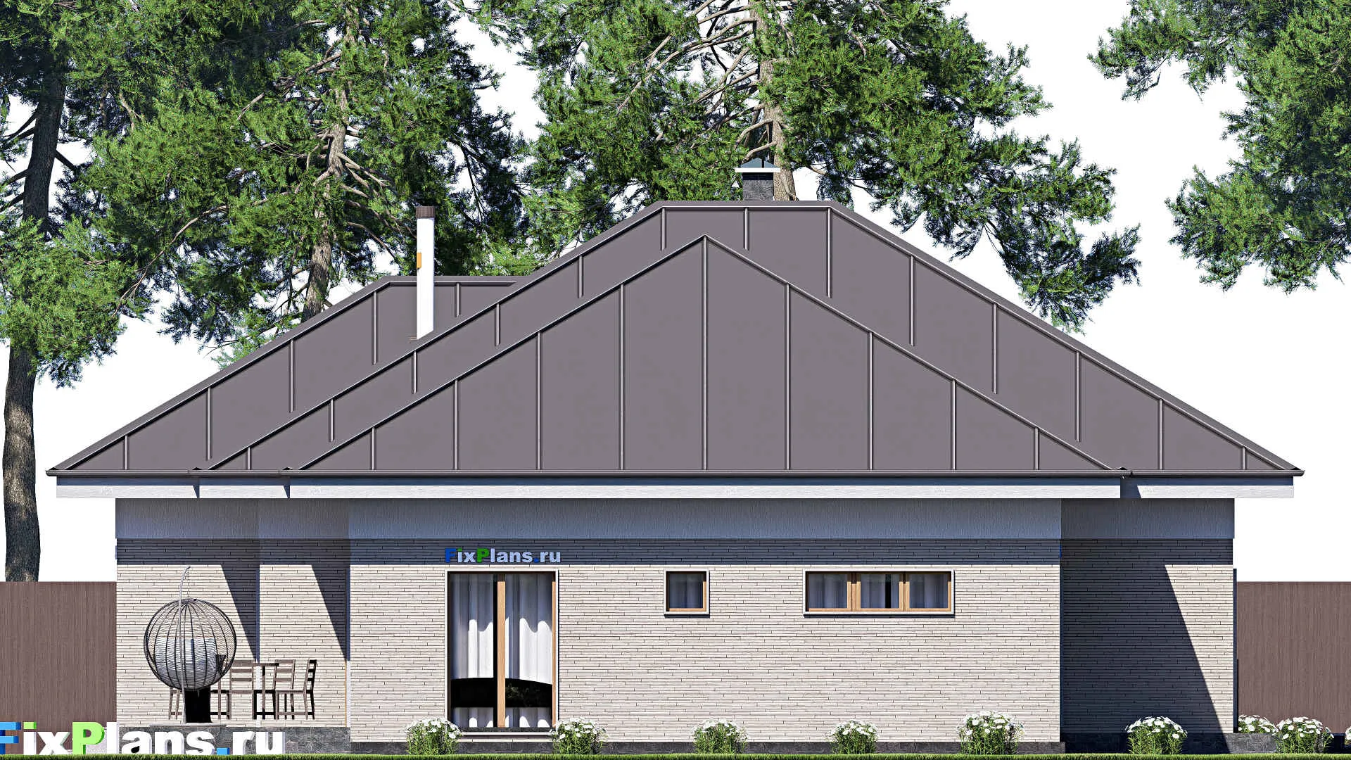 F-20402 - Проект одноэтажного дома 16 на 22, площадью 270 м² с террасой, гаражом на 1 машину и 3 спальнями