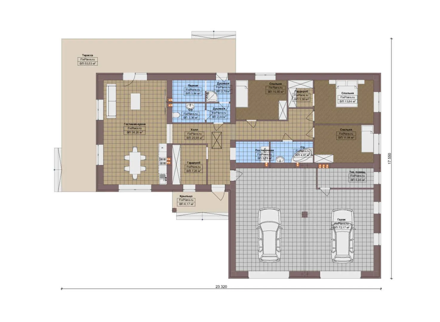 F-17549 - План одноэтажного дома 18 на 24, площадью 270 м² с террасой, баней, гаражом на 2 машины и 3 спальнями