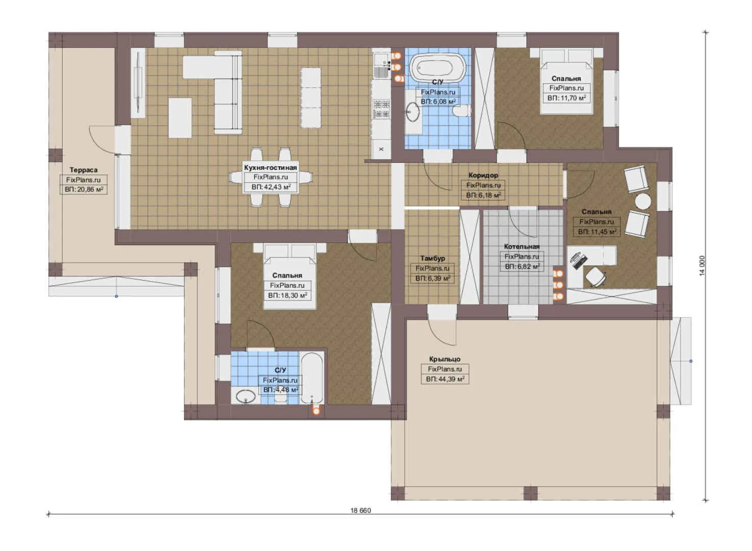 F-18791 - План одноэтажного дома 14 на 19, площадью 180 м² с террасой и 3 спальнями