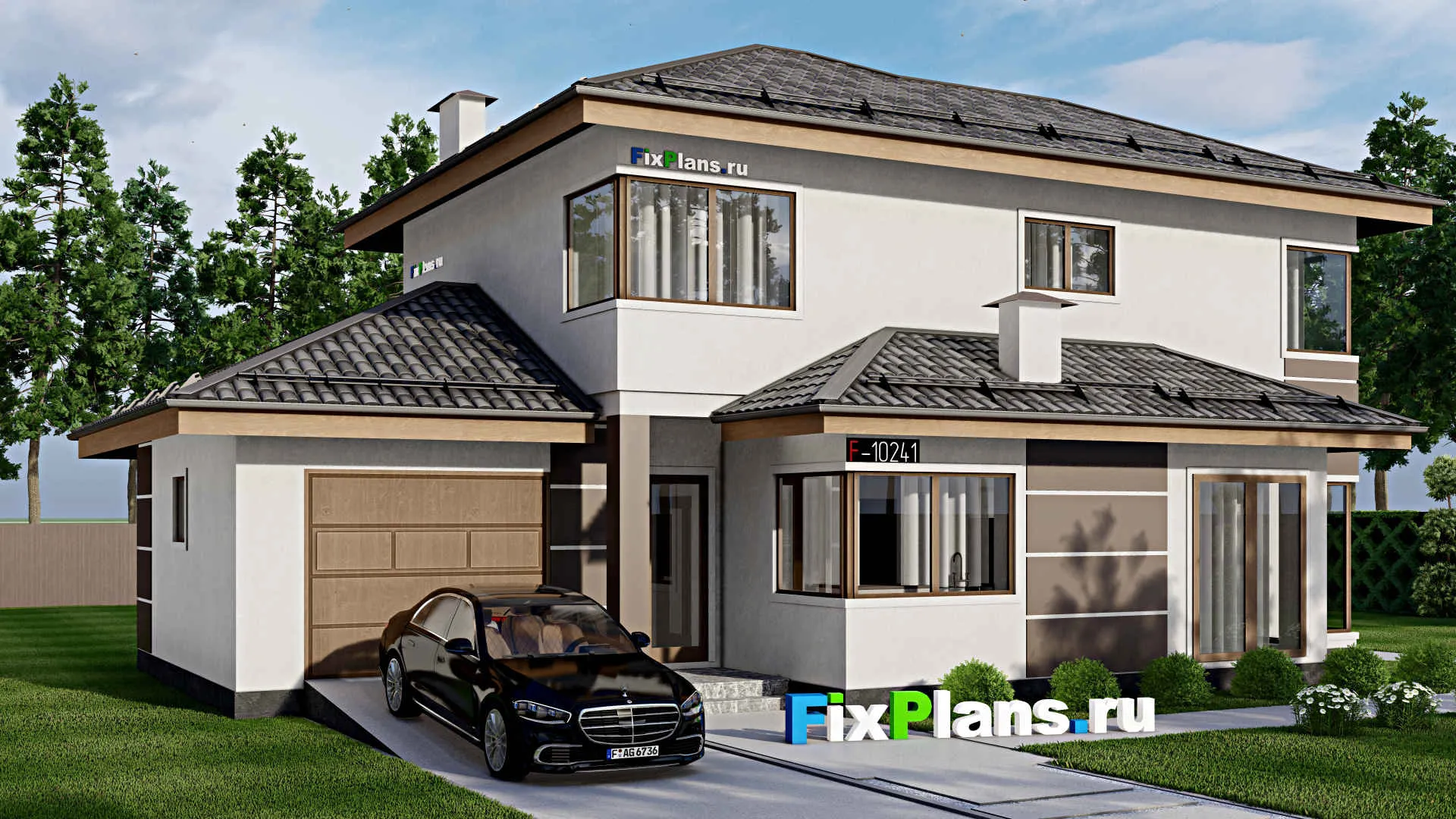 F-10241 - Проект двухэтажного дома 14 на 17, площадью 220 м² с террасой, гаражом на 1 машину и 3 спальнями