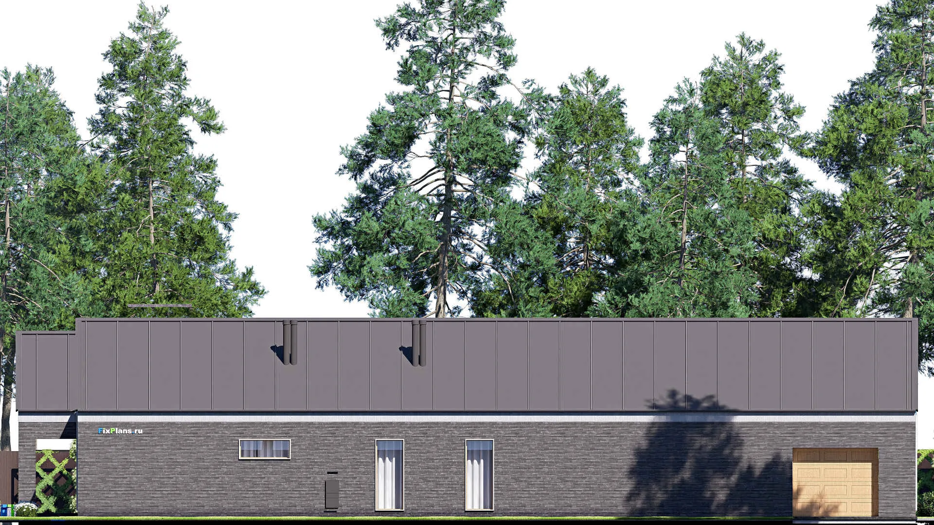 F-20582 - Проект одноэтажного дома 23 на 32, площадью 410 м² с террасой, гаражом на 2 машины и 3 спальнями