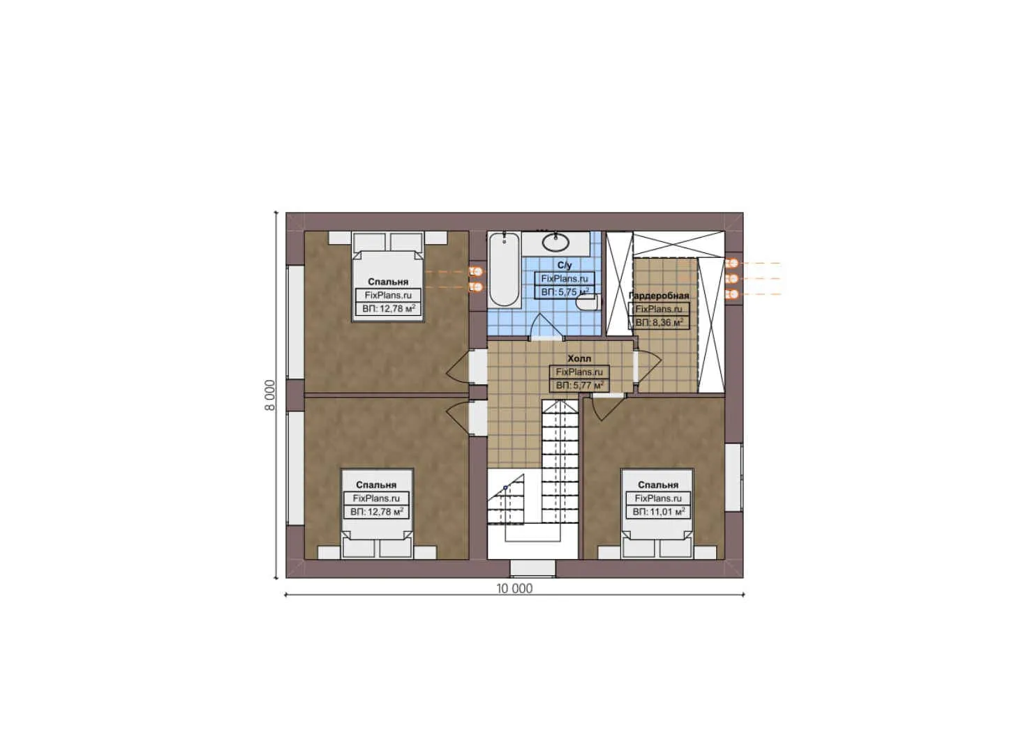 F-4904 - Планы дома с мансардой 8 на 10, площадью 130 м² с террасой и 4 спальнями