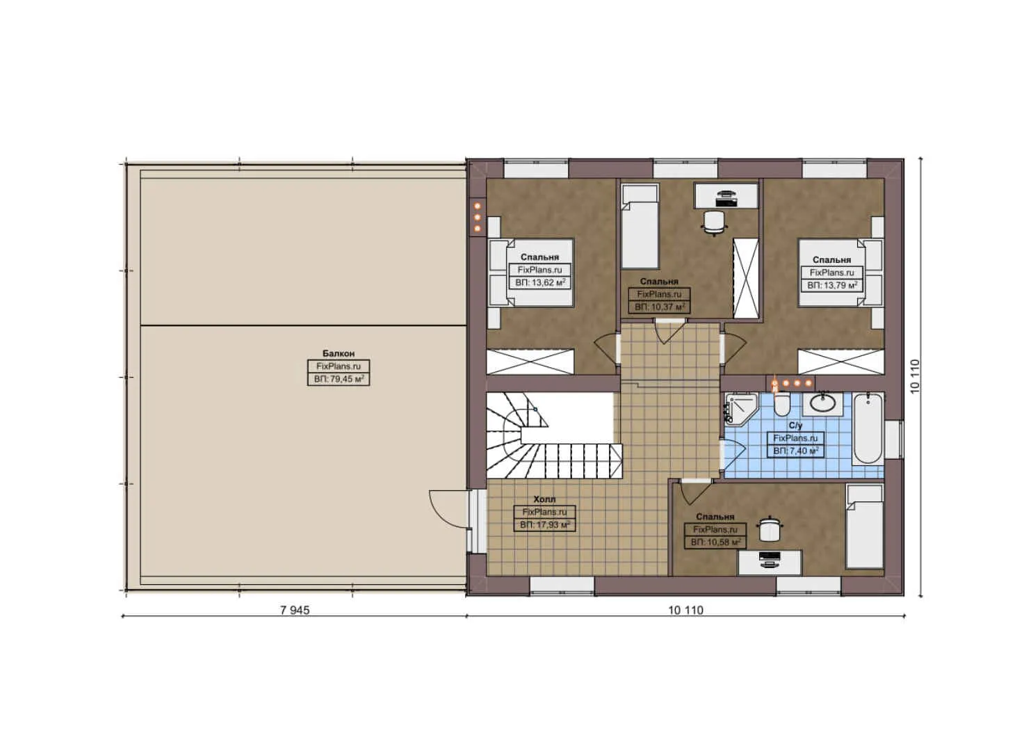 F-7838 - Планы двухэтажного дома 11 на 19, площадью 350 м² с террасой, балконом, гаражом на 2 машины и 4 спальнями