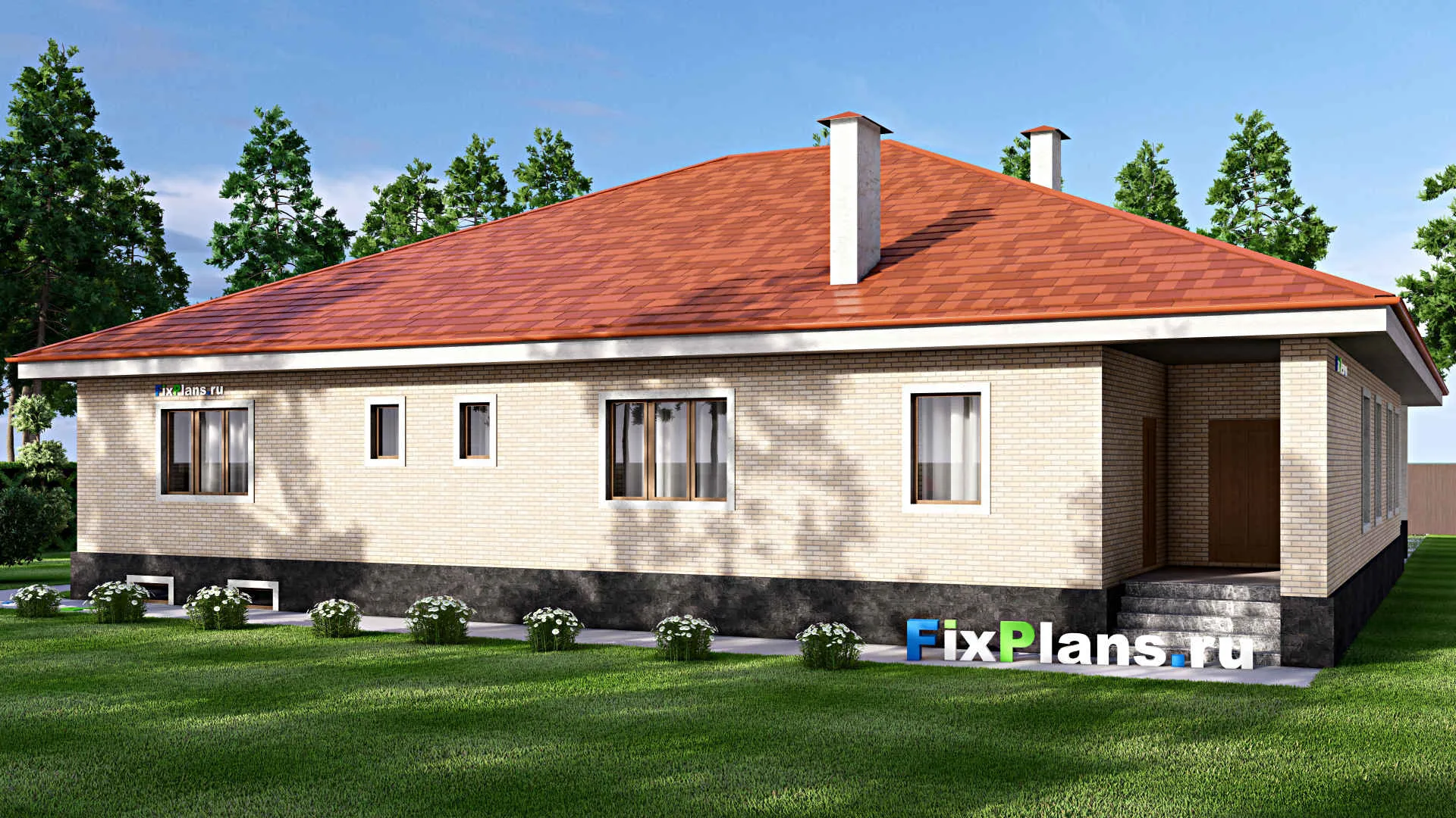 F-13940 - Проект одноэтажного дома 19 на 21, площадью 380 м² с террасой, цокольным этажом и 3 спальнями