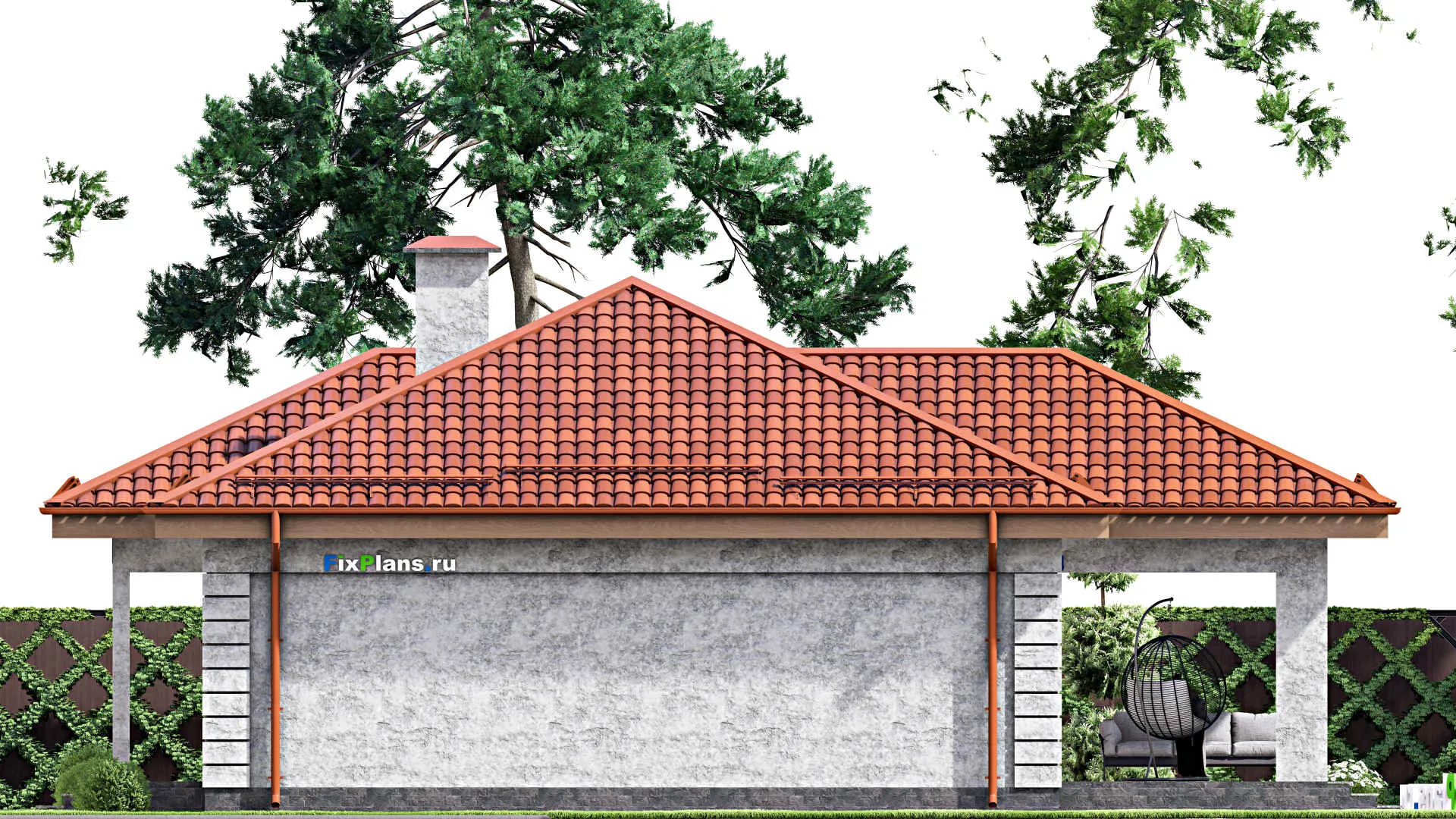 F-13904 - Проект одноэтажного дома 15 на 15, площадью 150 м² с террасой и 3 спальнями