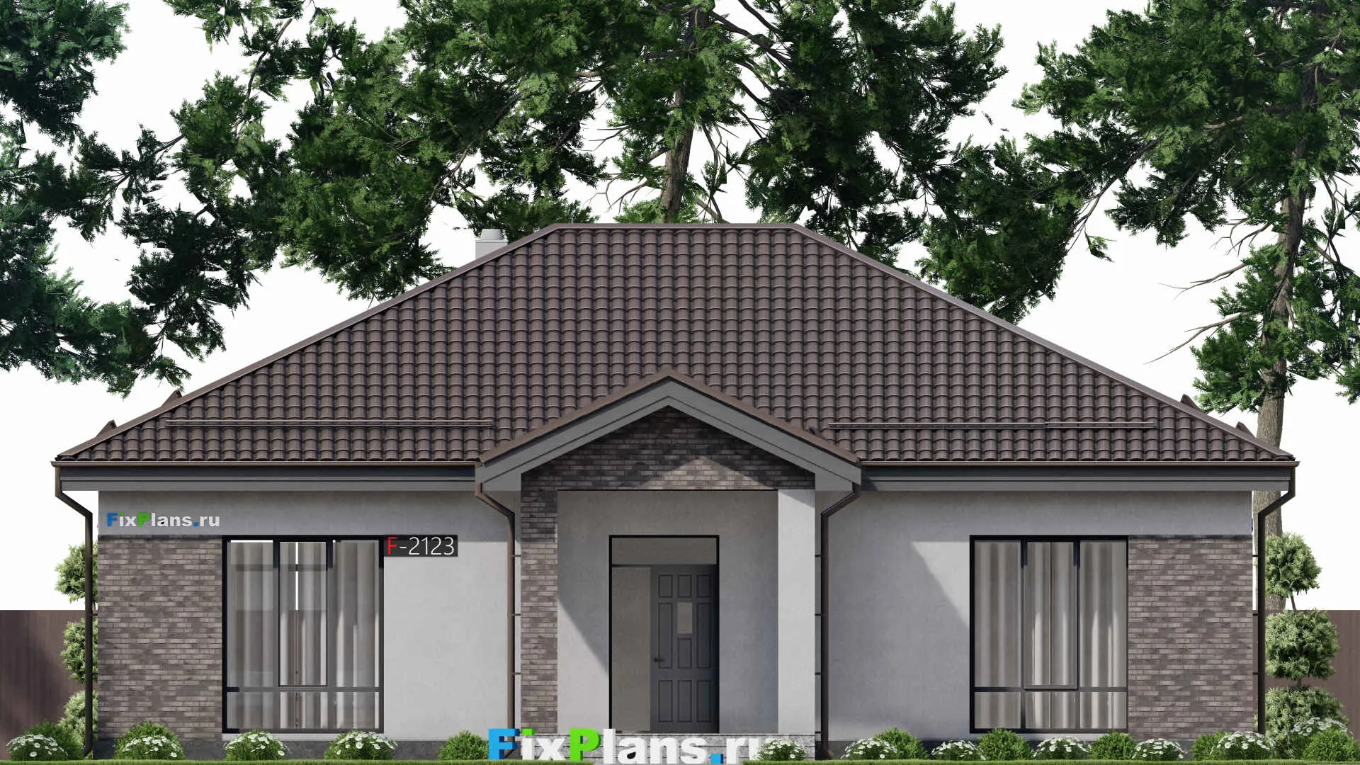 F-2123 - Проект одноэтажного дома 13 на 16, площадью 170 м² с террасой и 3 спальнями